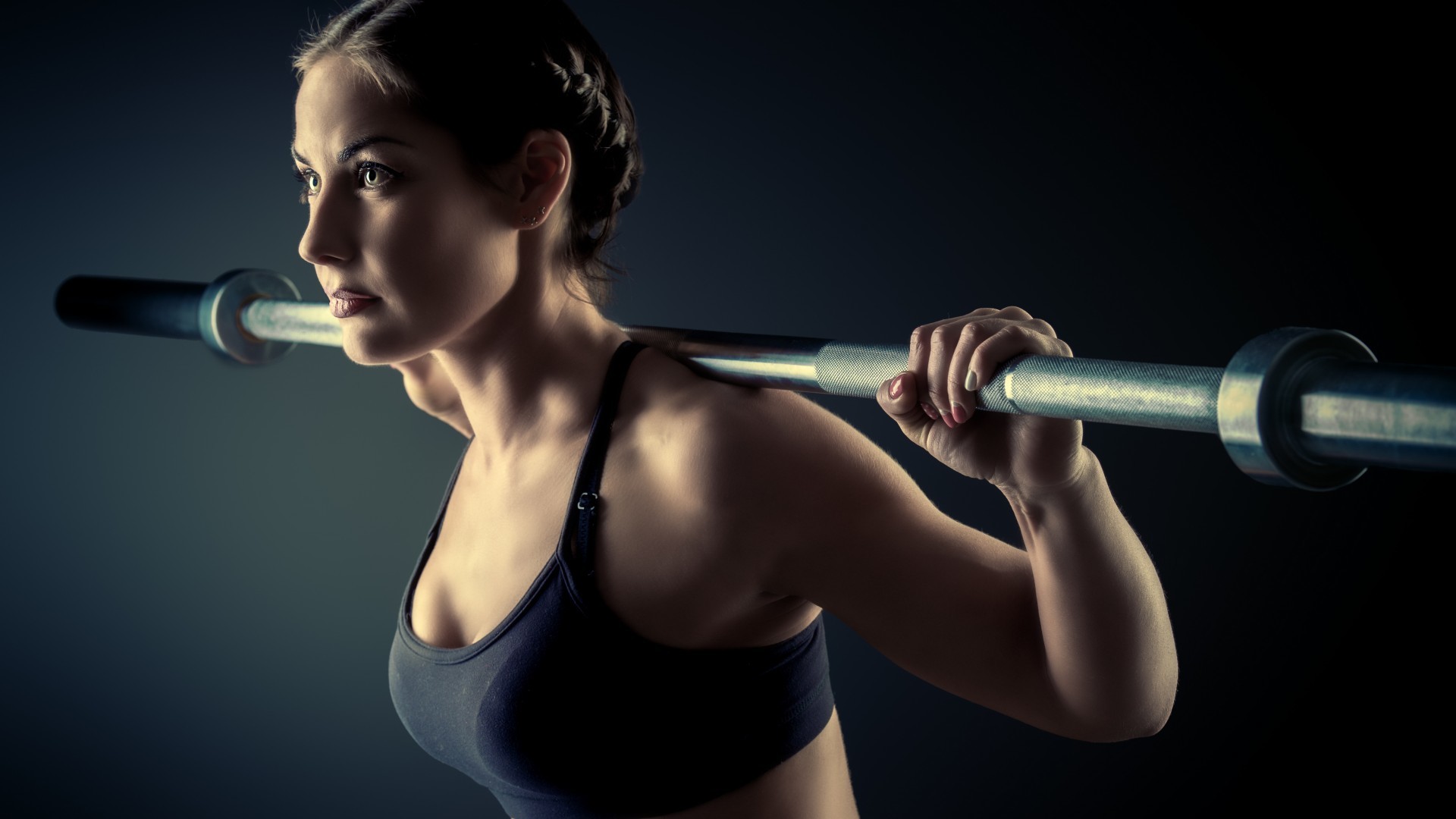 Ragazza fitness, Bilanciere, Squat, Sfondo scuro, 1920x1080, wallpaper desktop