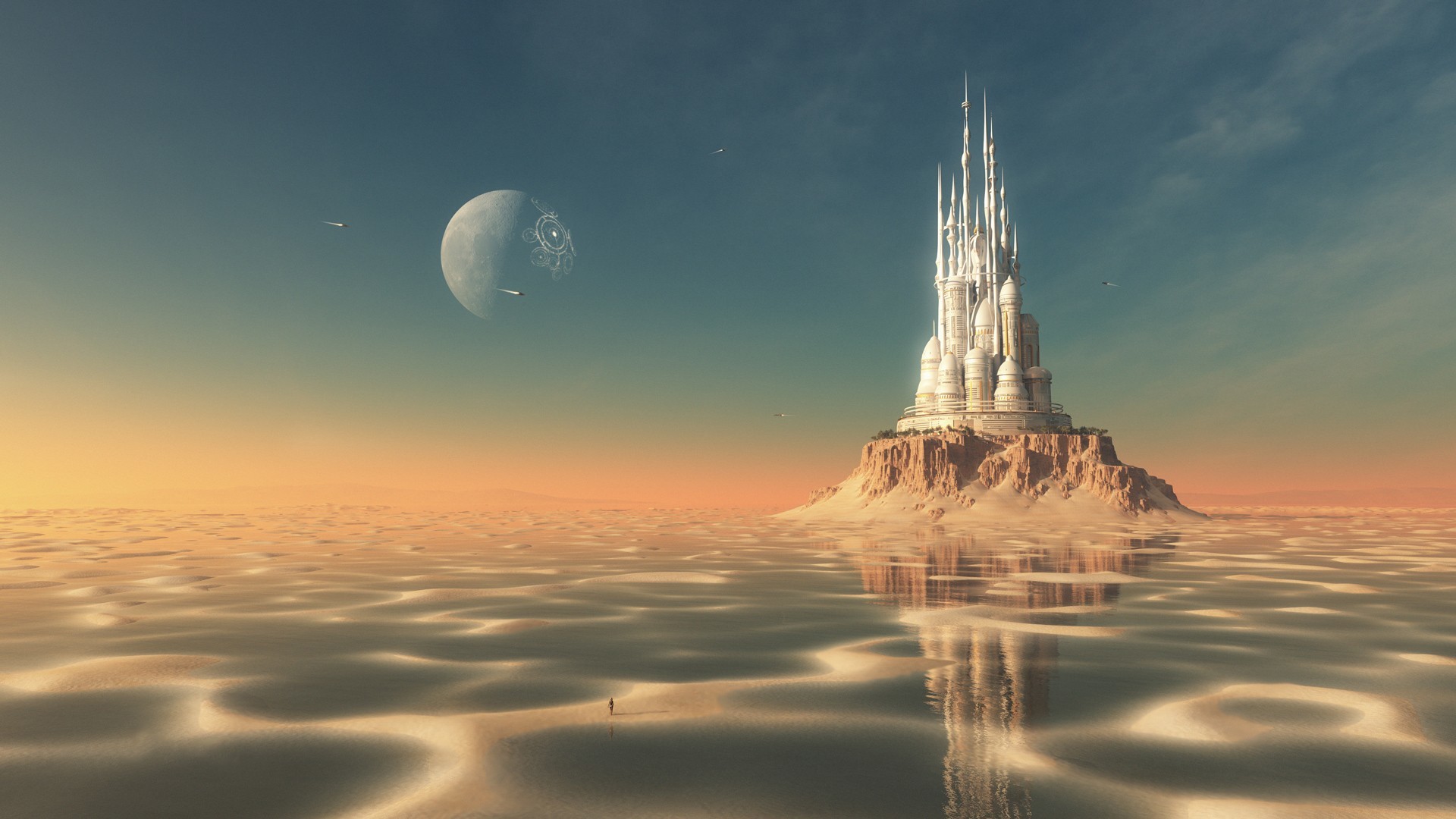 Castello, Luna, Mare, Surreale, Full HD 1080p, sfondo desktop