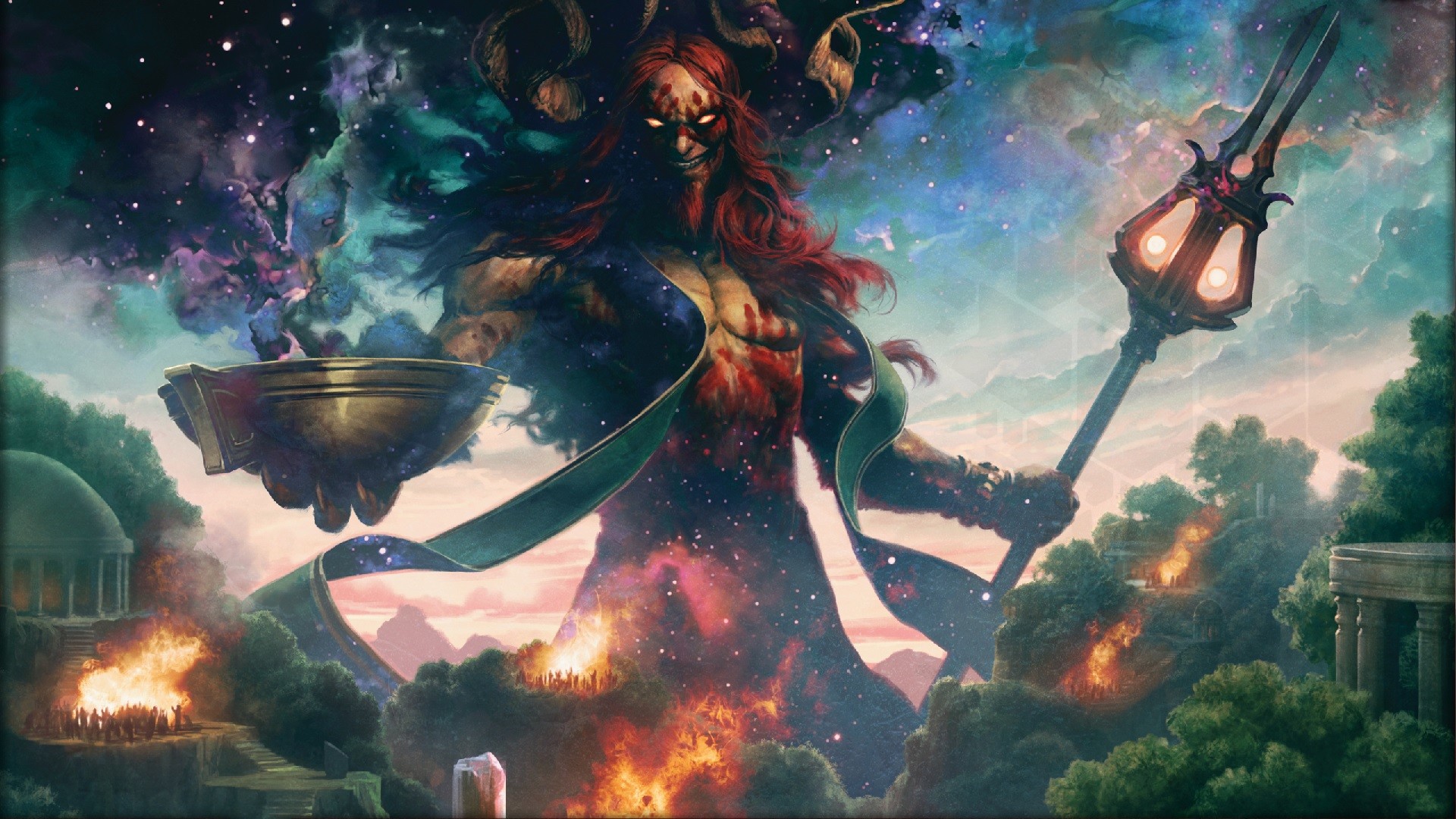 Magic: The Gathering, Divinità, Bastone, Fantasy, Fuoco, Cielo stellato, sfondo Full HD per portatile