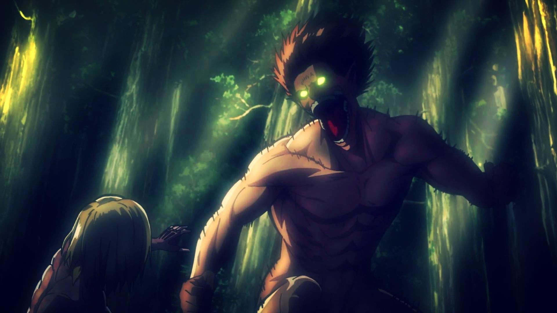 Eren Jaeger, Gigante d'attacco, L'attacco dei giganti, Foresta, Occhi luminosi, sfondo Full HD