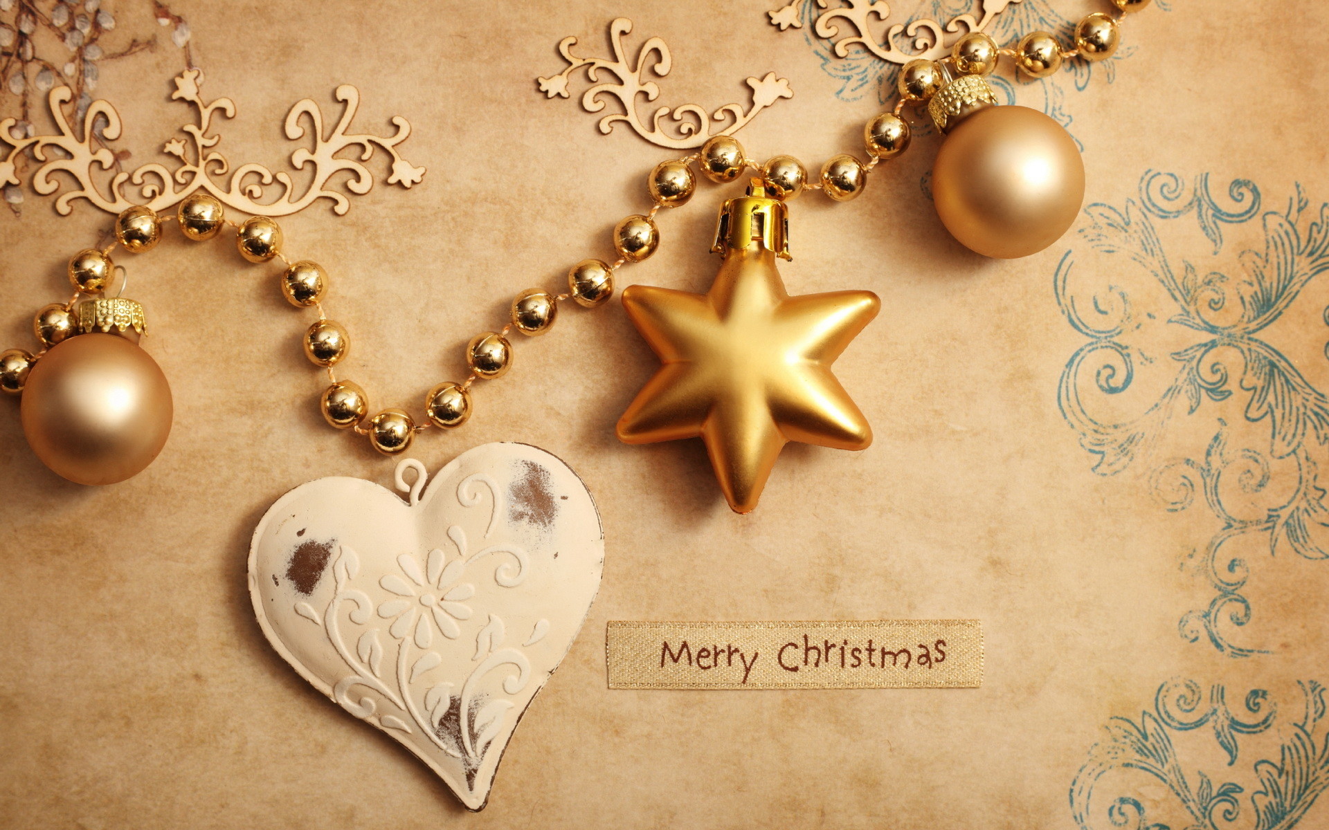 Cuore, Stella dorata, Palline, Merry Christmas, Vintage, 1920x1200, sfondo MacBook Pro
