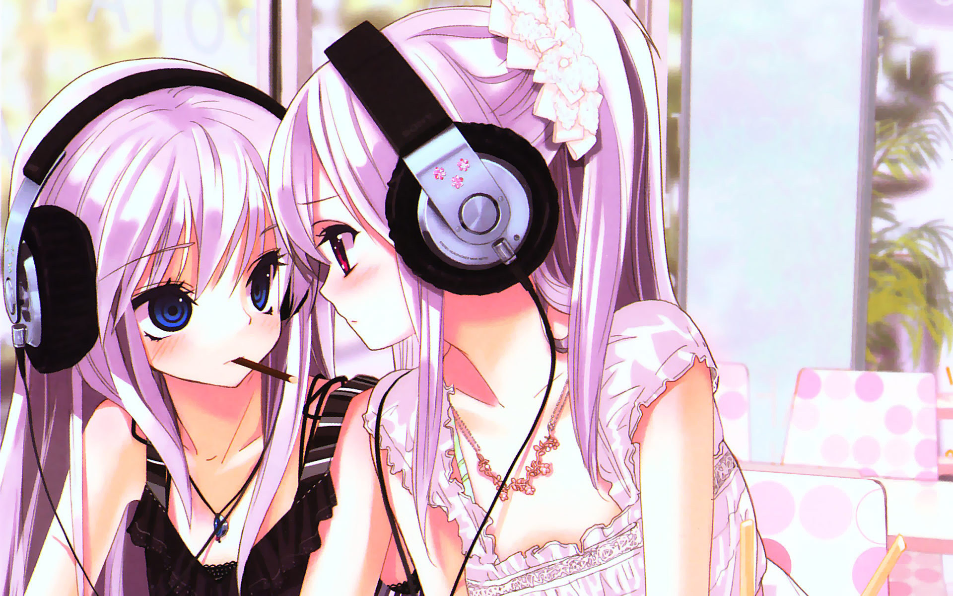 Ragazze anime, Cuffie, Kawaii, Rosa pastello, Full HD, wallpaper per portatile