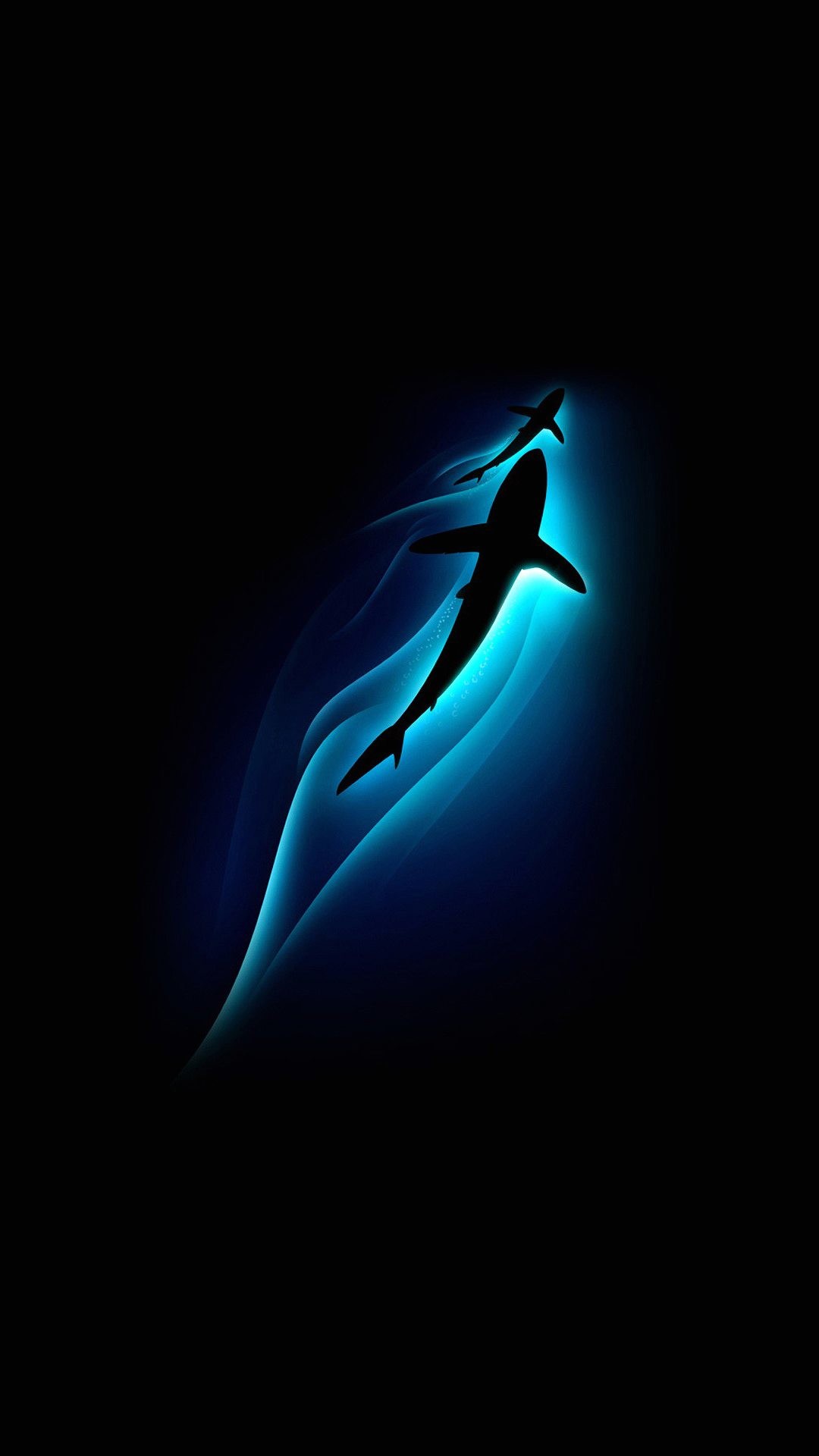 Squalo, Silhouette, Azzurro, Sfondo nero, schermata di blocco Samsung