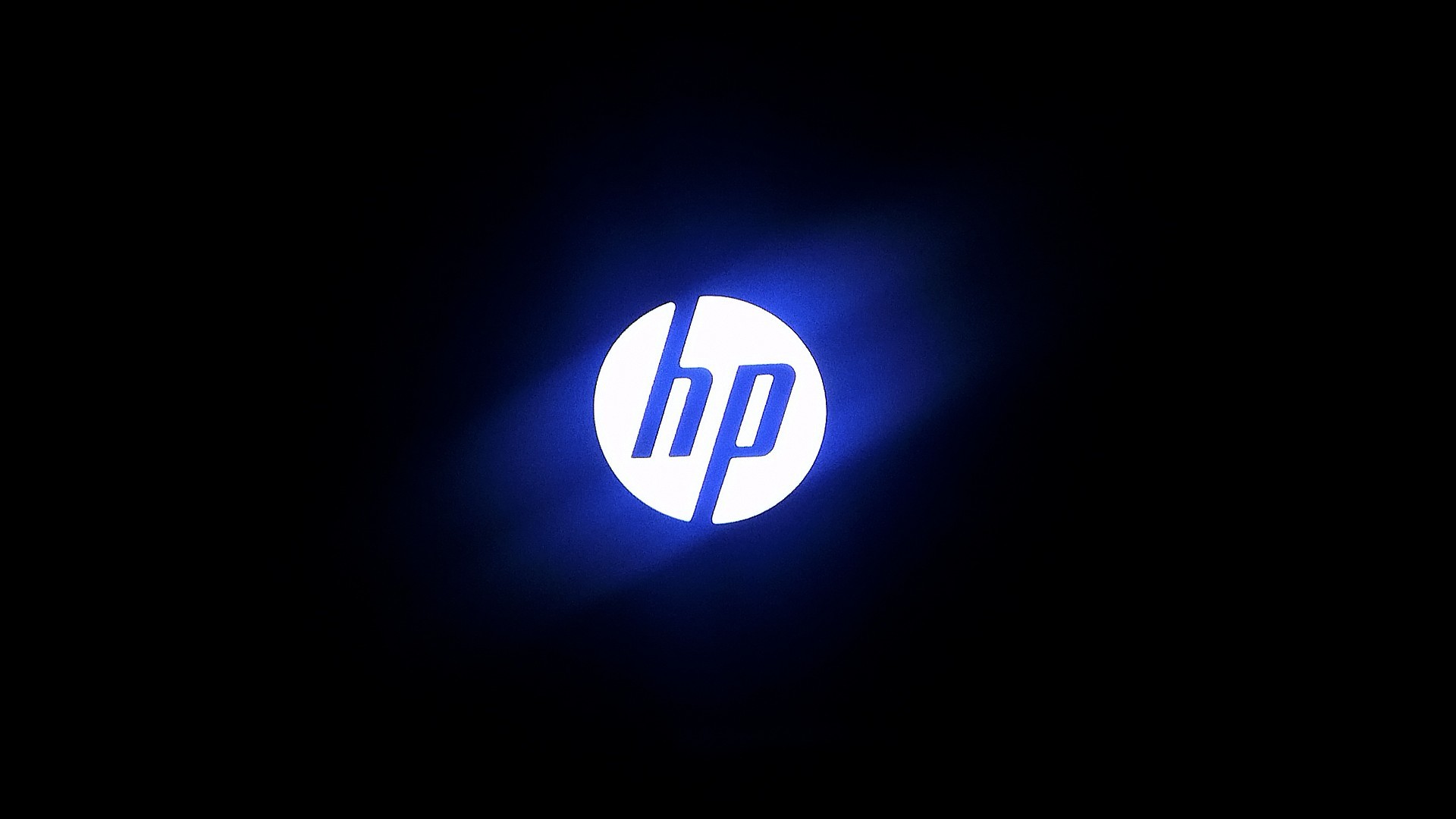 Logo HP, Bagliore blu, Sfondo nero, Minimalismo, Hewlett-Packard, wallpaper desktop Full HD