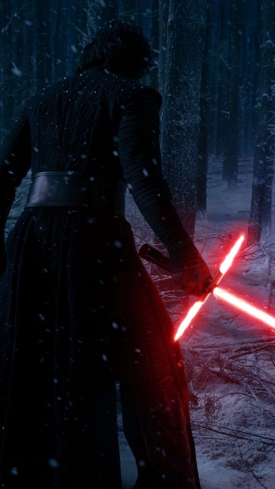 Kylo Ren, Star Wars, Spada laser a croce, Foresta innevata, Full HD, sfondo per smartphone