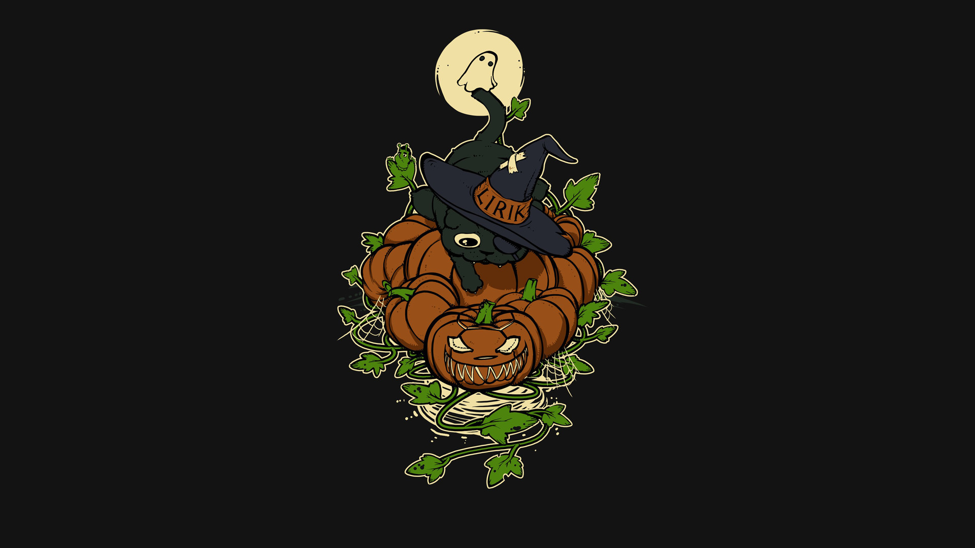 Zucche, Cappello da strega, Luna, Sfondo nero, Illustrazione, 16:9 Full HD, wallpaper widescreen