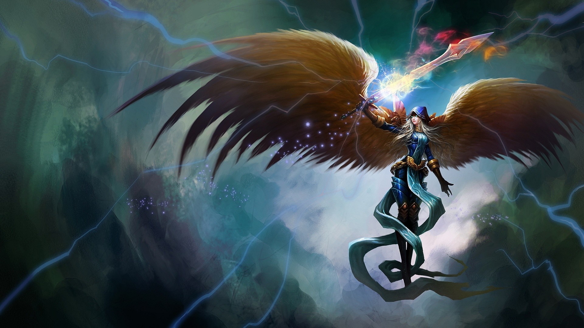 Kayle, League of Legends, Ali, Fulmini, Full HD, sfondo Windows 11