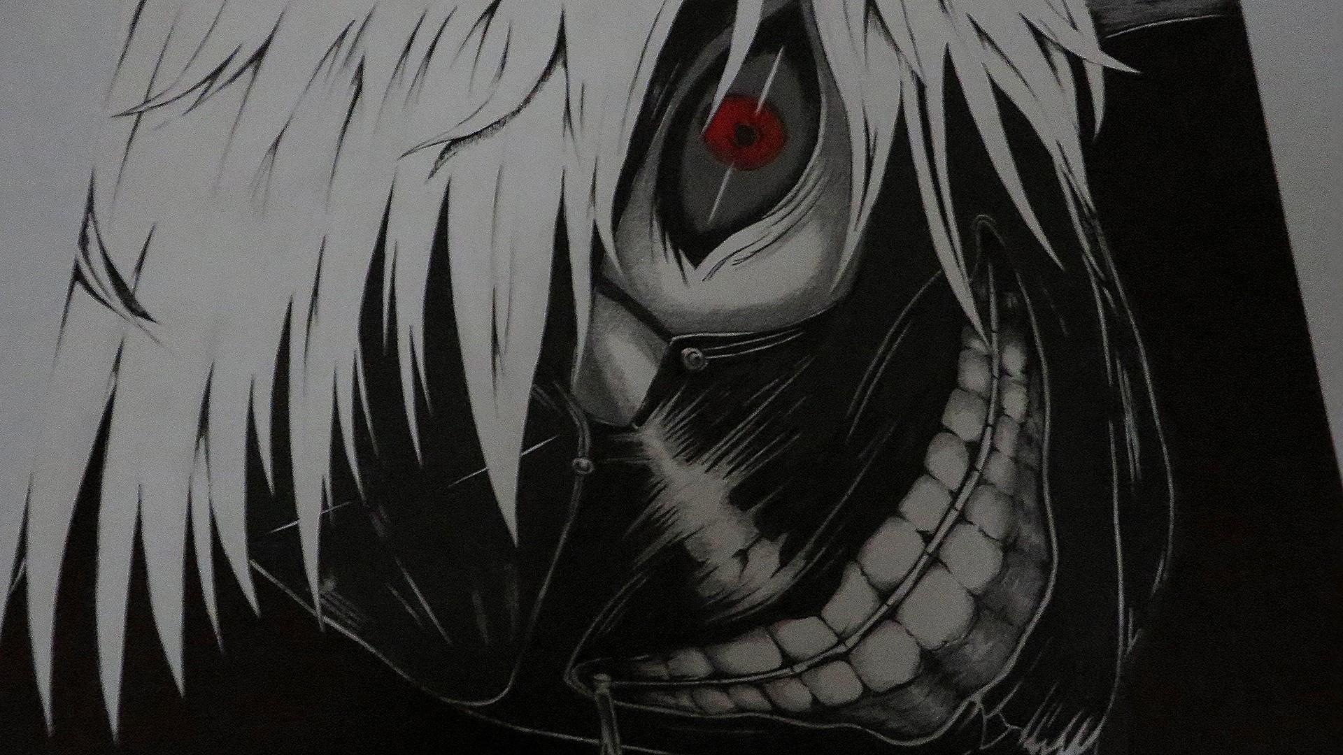 Ken Kaneki, Tokyo Ghoul, Maschera, Occhio rosso, Bianco e nero, Full HD, sfondo per portatile