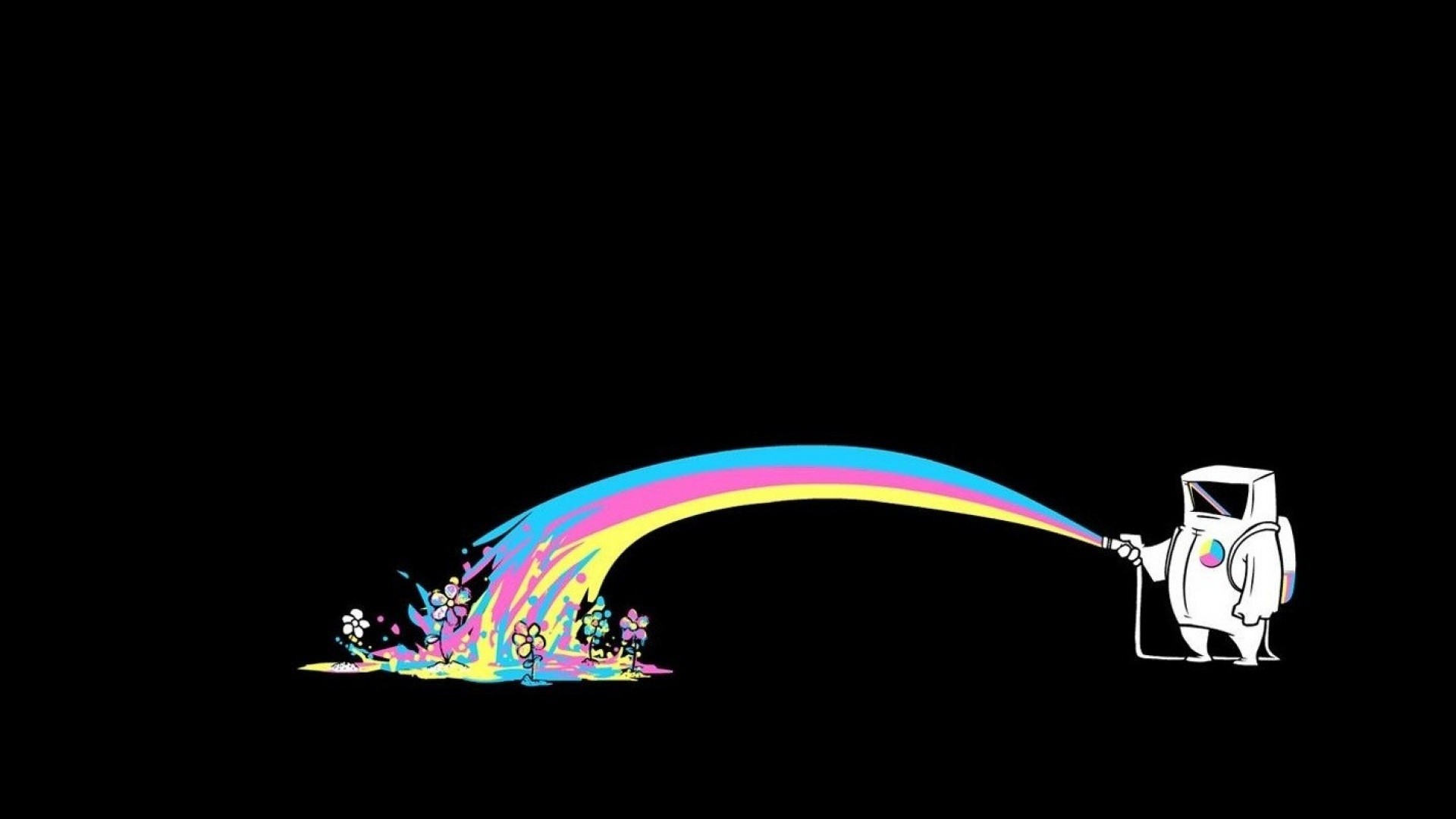 Arcobaleno, Robot, Fiori, Sfondo nero, Illustrazione, Full HD, wallpaper per PC