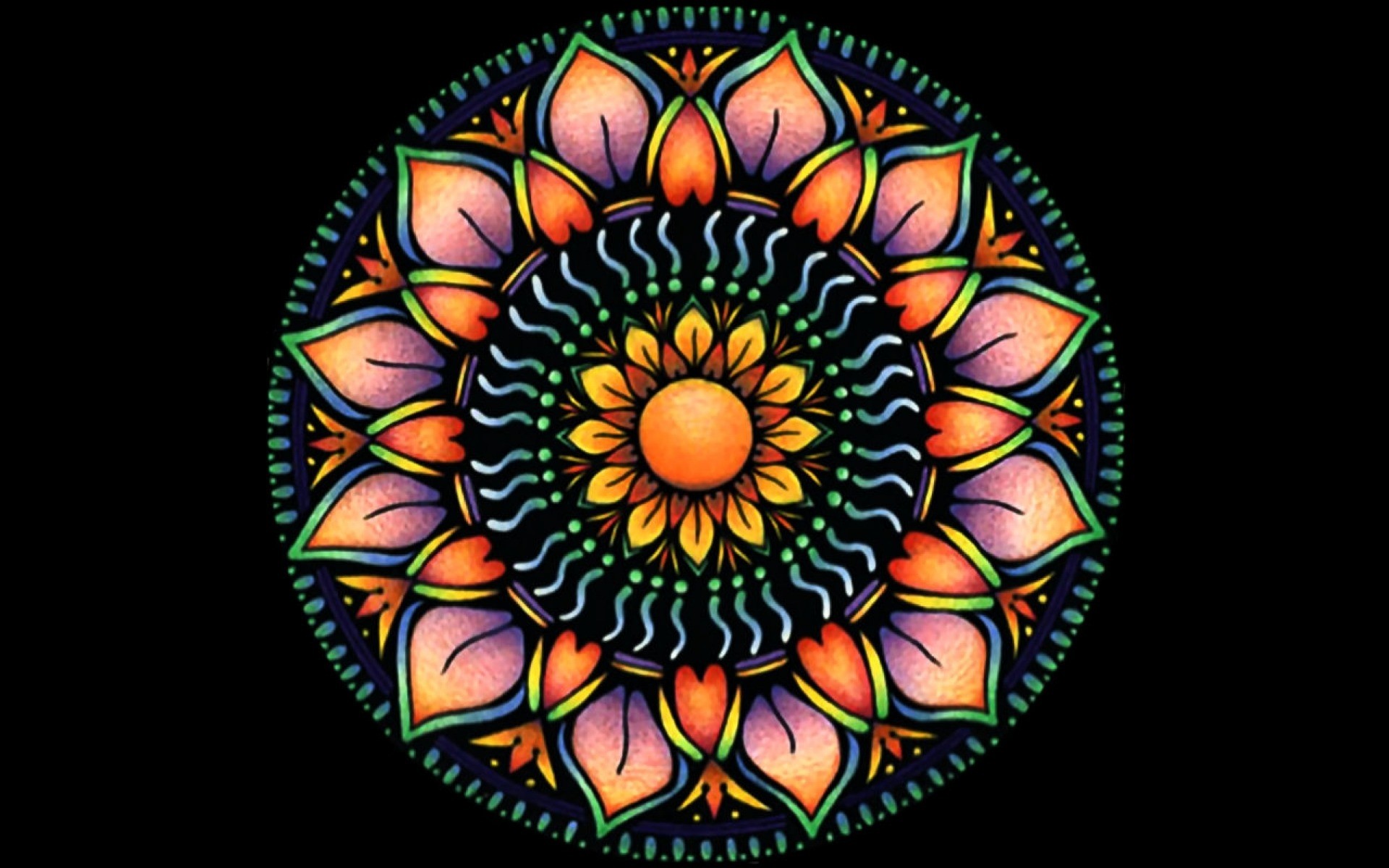 Mandala, Fiore di loto, Sfondo nero, Colori vivaci, 16:10 Full HD, wallpaper widescreen