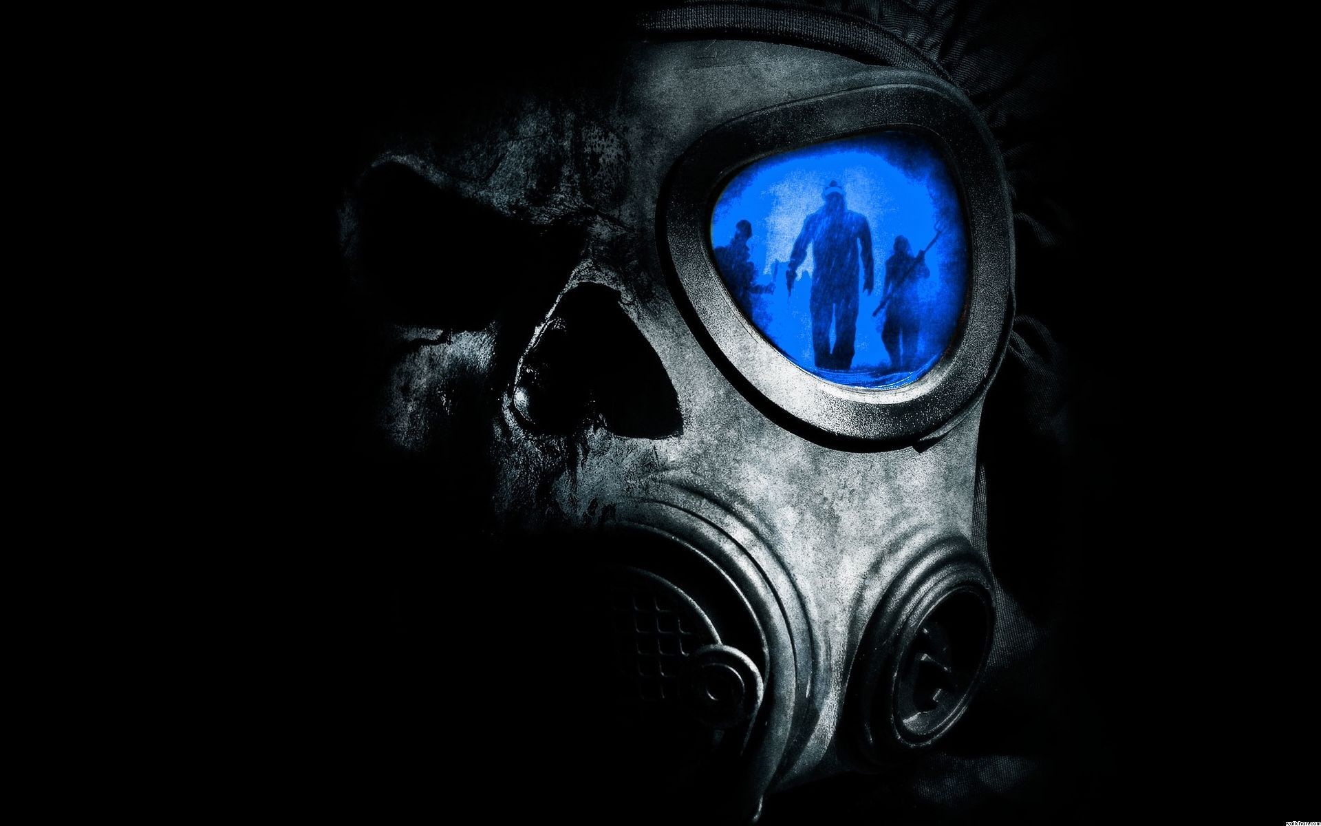 Teschio, Maschera antigas, Blu, Bianco e nero, Full HD, sfondo Windows 11