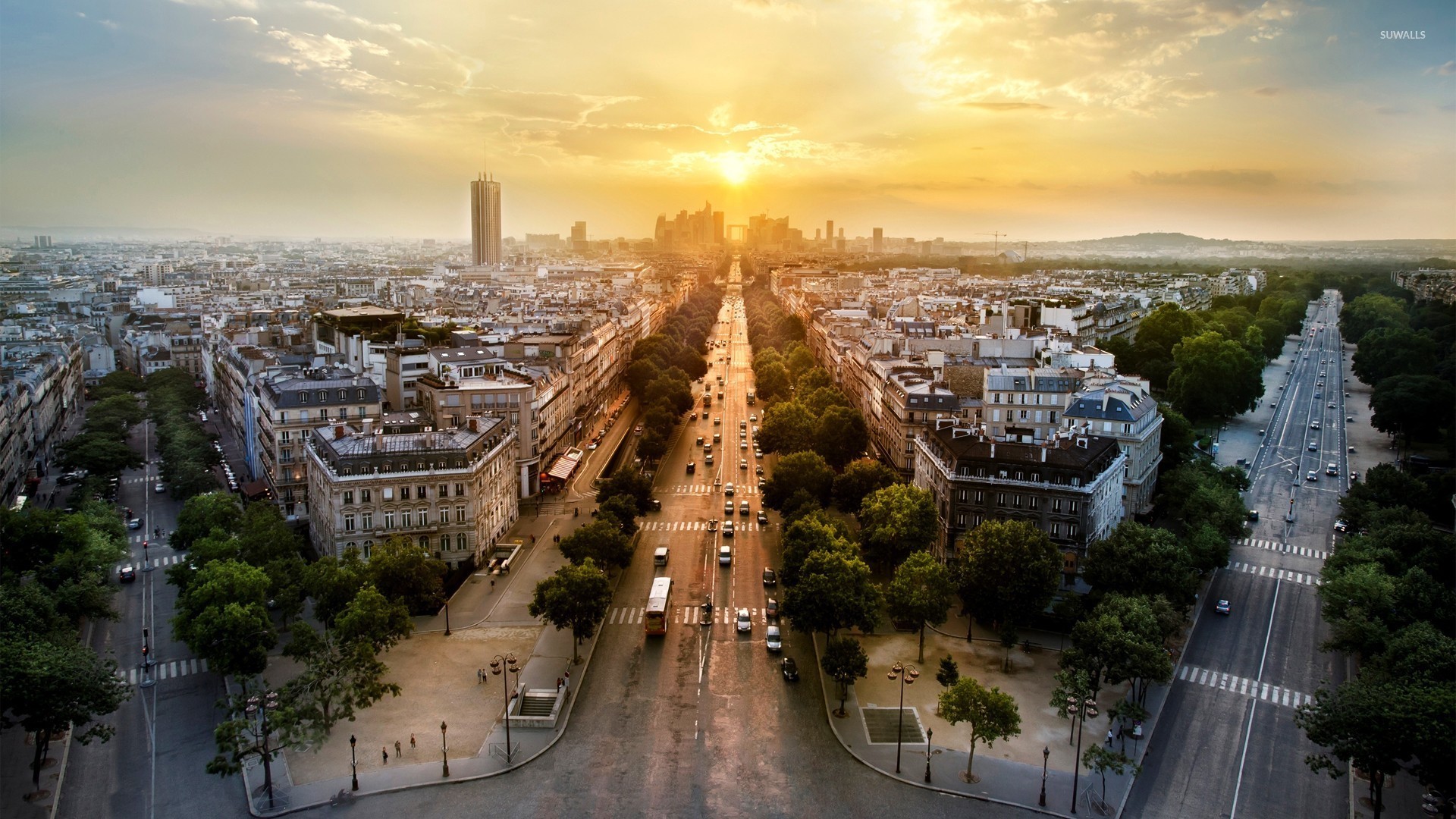 Champs-Élysées, Parigi, Vista aerea, Tramonto, Full HD, wallpaper per computer
