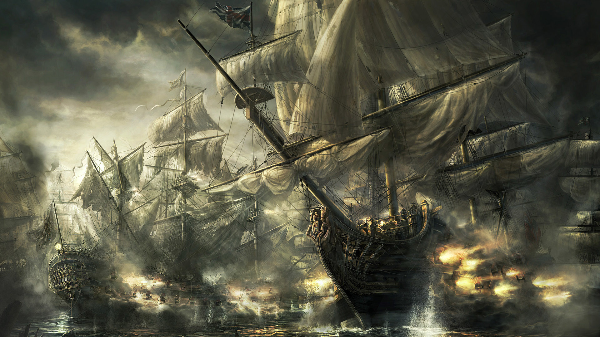 Pirati, Battaglia navale, Galeoni, Cannoni, 1920x1080, wallpaper desktop