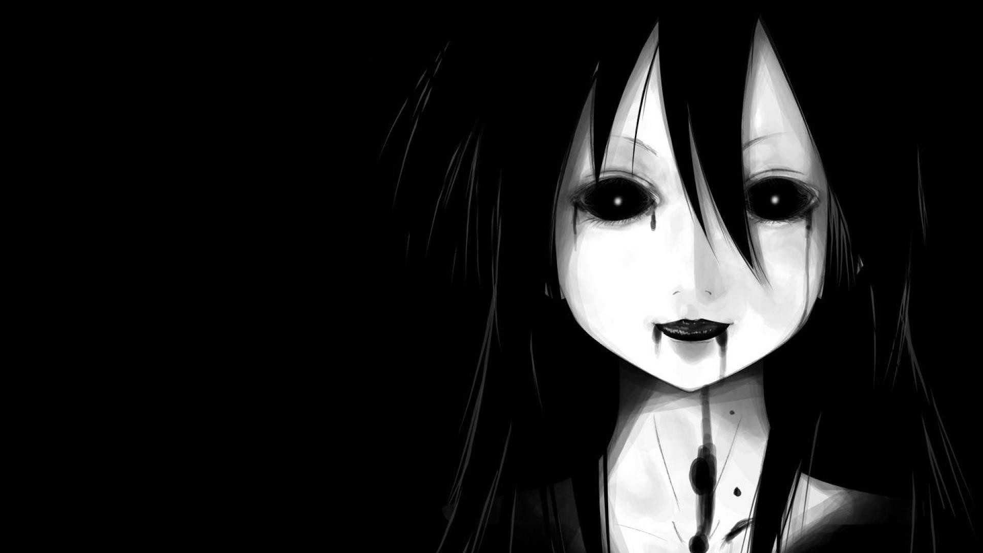 Ragazza anime, Horror, Bianco e nero, Sfondo nero, 1920x1080, wallpaper desktop
