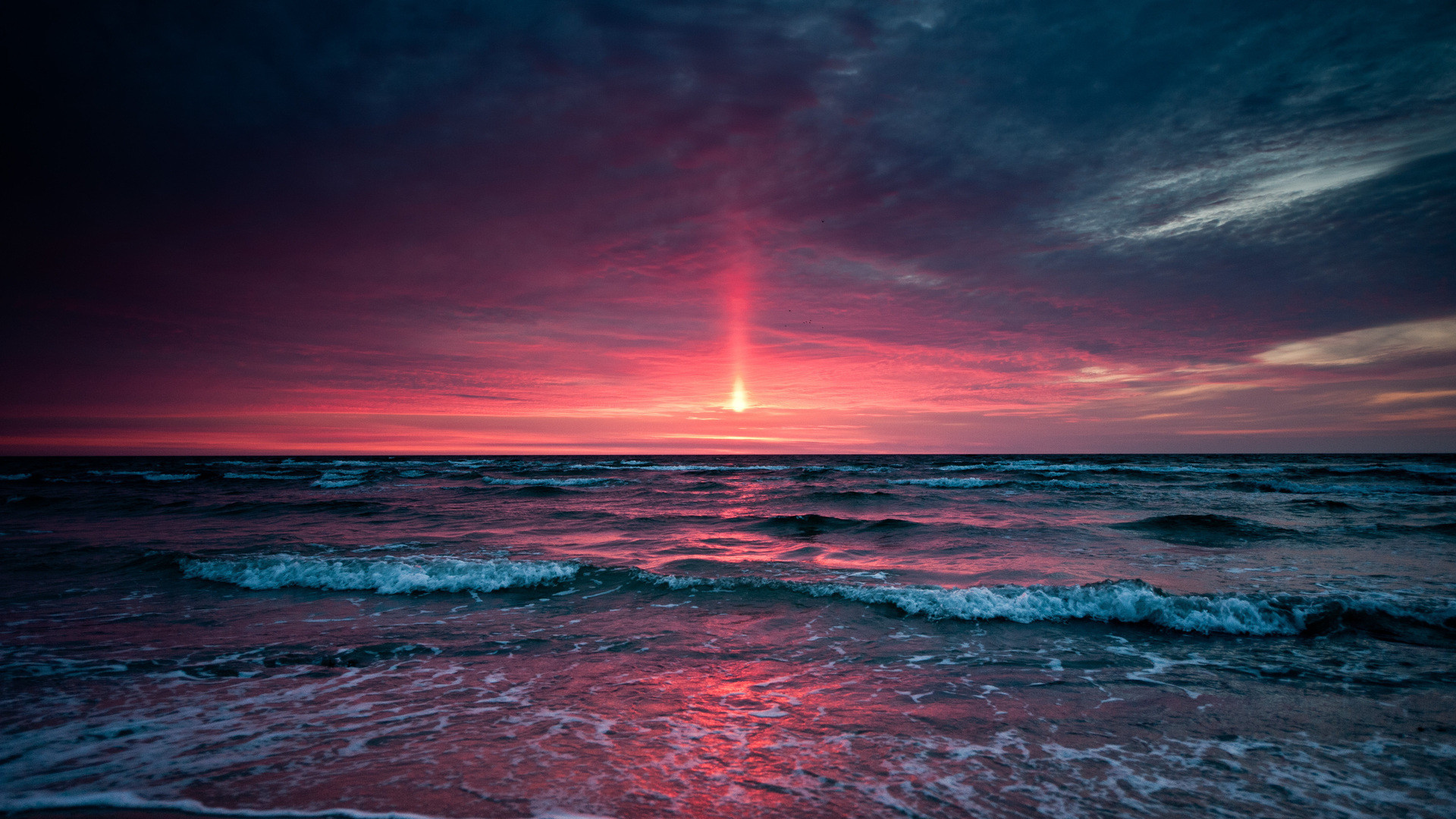 Tramonto, Mare, Onde, Rosso, Full HD, sfondo desktop