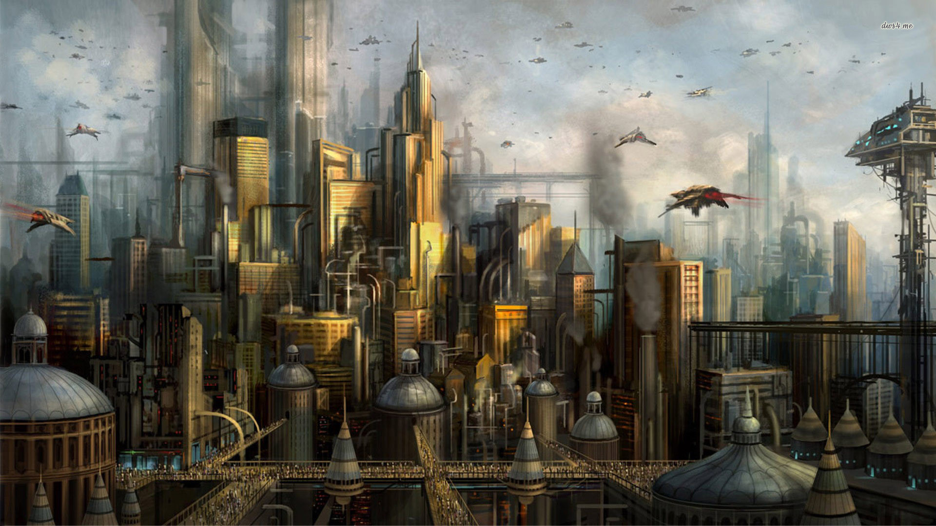 Città futuristica, Astronavi, Arte digitale, Full HD, sfondo per portatile