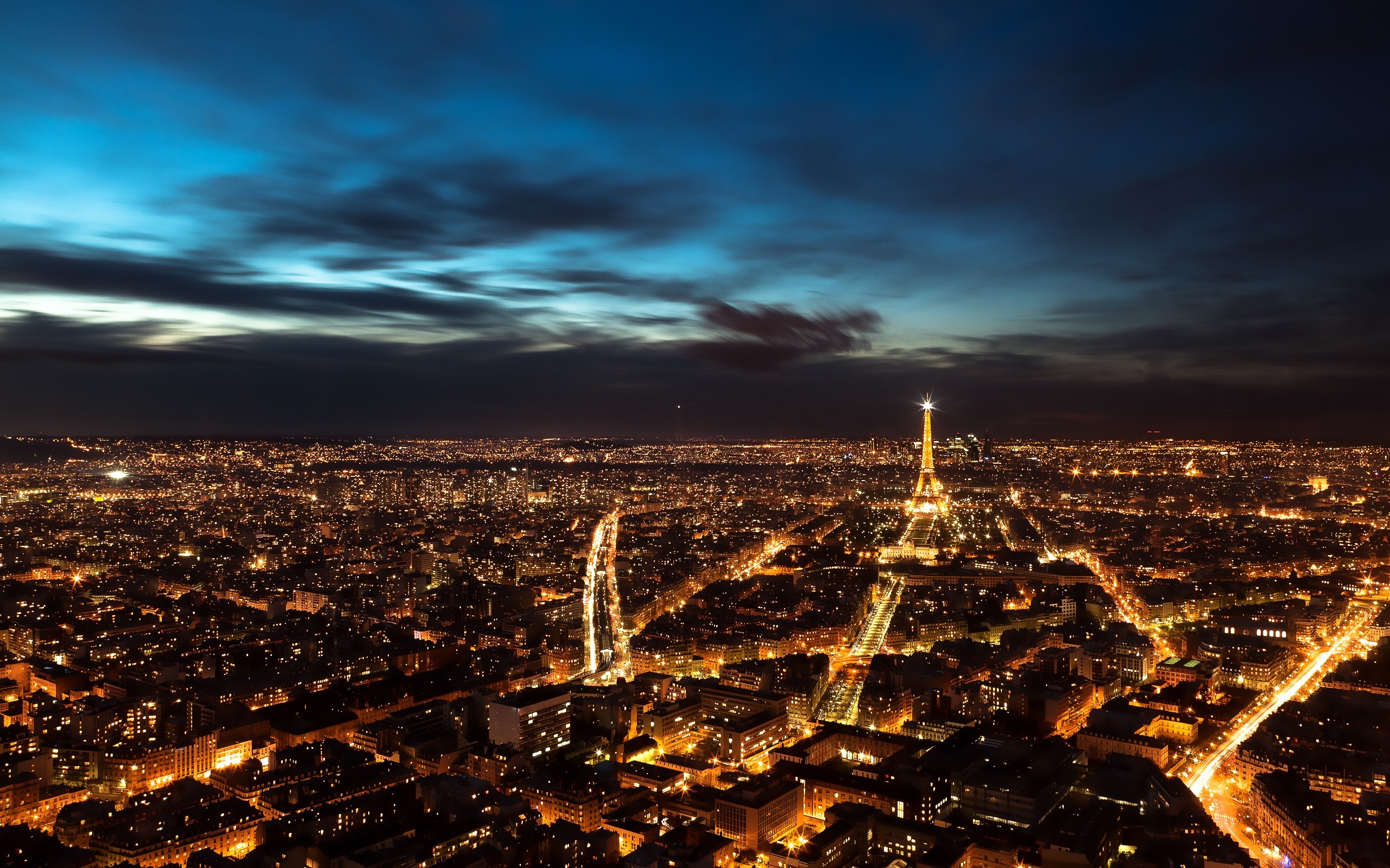 Parigi, Torre Eiffel, Città notturna, Vista aerea, 2K, sfondo Windows 11