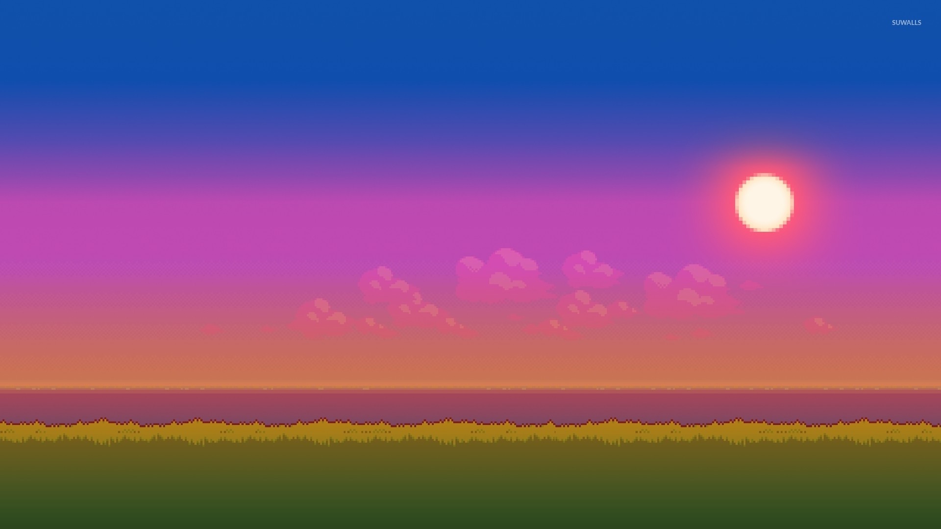 Pixel art, Tramonto, Sole, Nuvole rosa, Prato, 1920x1080, immagine di sfondo