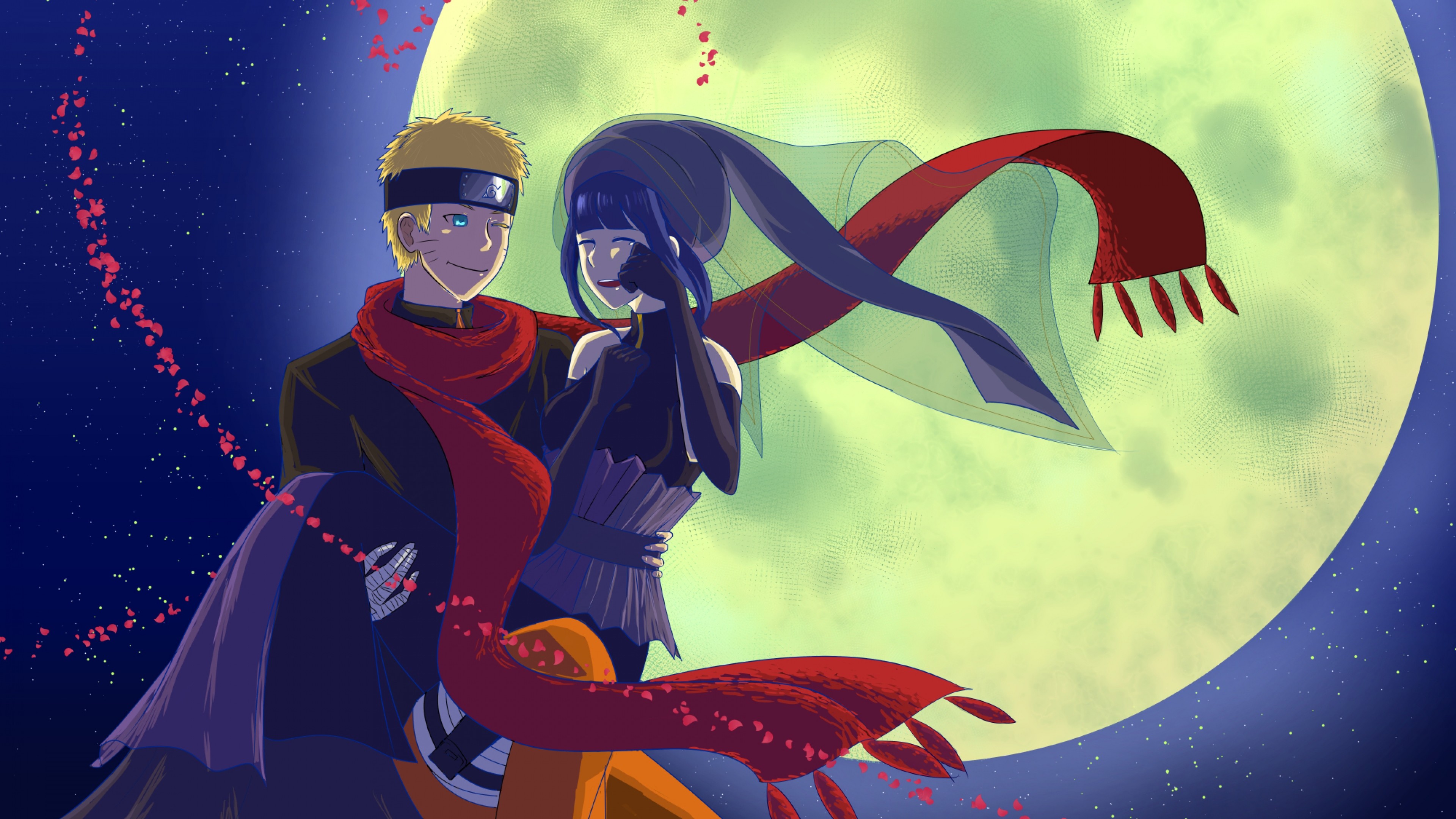 Naruto Uzumaki, Hinata Hyuga, The Last: Naruto the Movie, Luna piena, Sciarpa rossa, sfondo 2160p