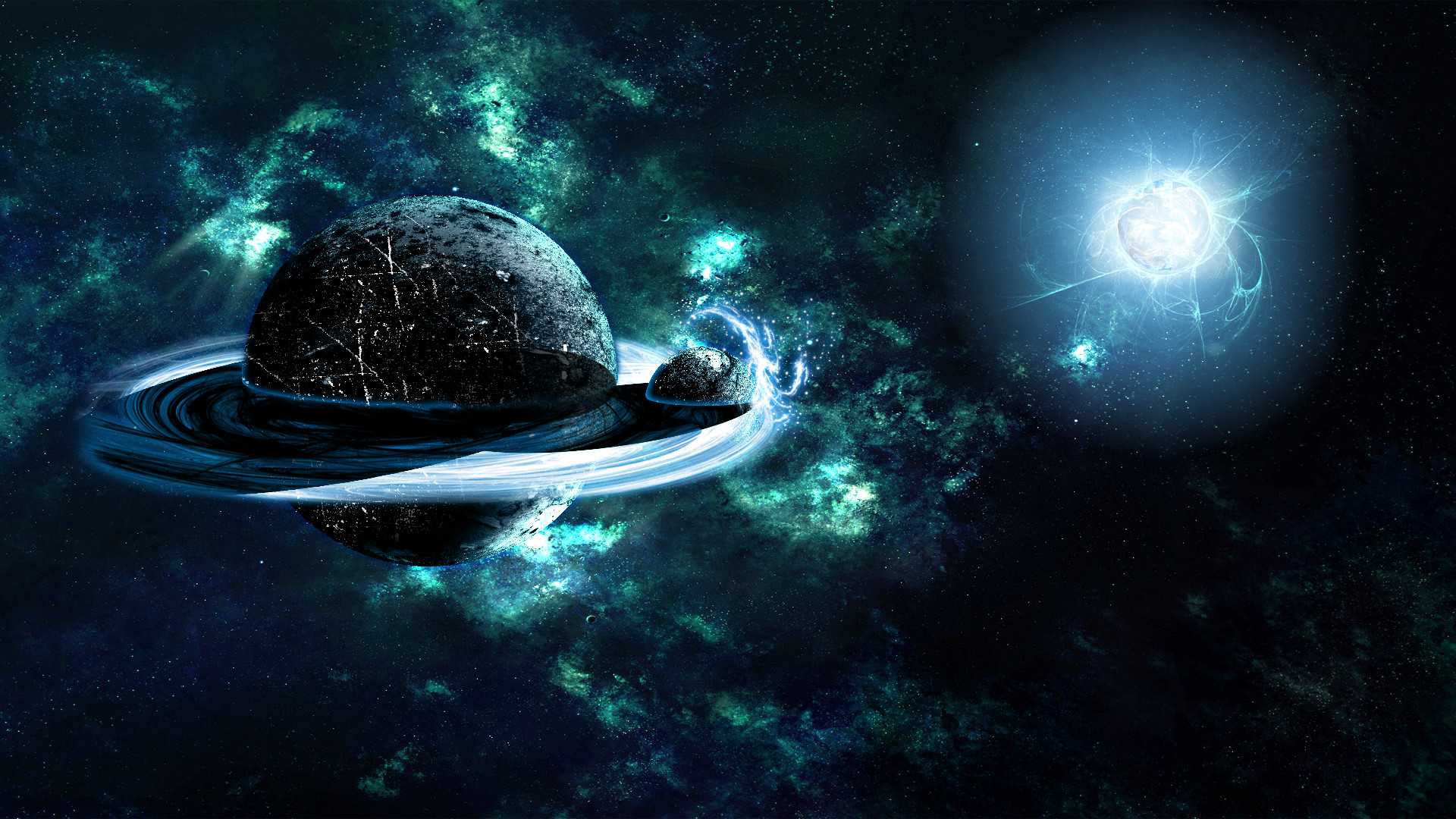 Pianeta con anelli, Nebulosa, Stella, Turchese, 1920x1080, sfondo per PC