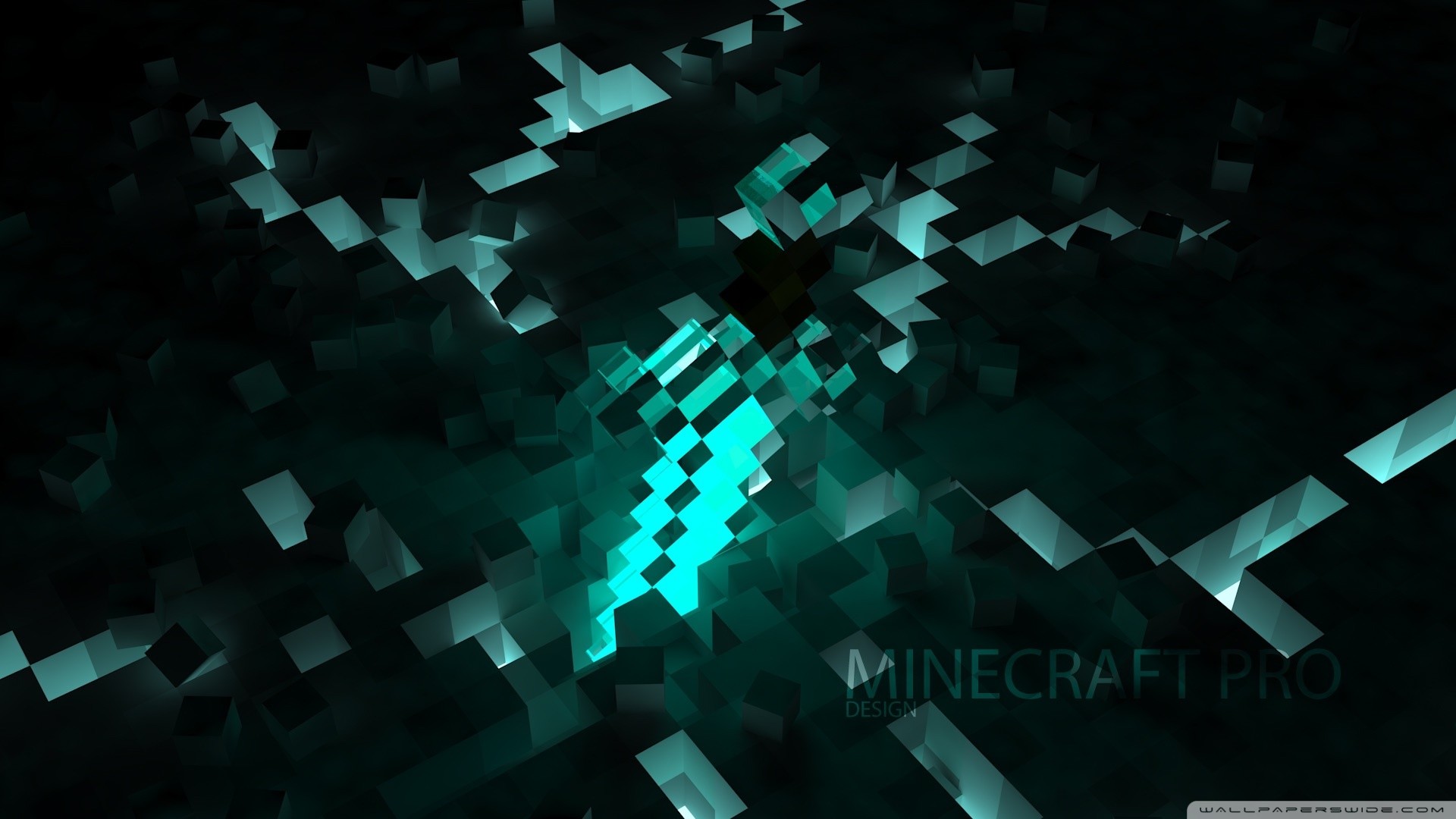 Spada di diamante, Minecraft, Frammenti, Turchese, Sfondo scuro, wallpaper desktop Full HD