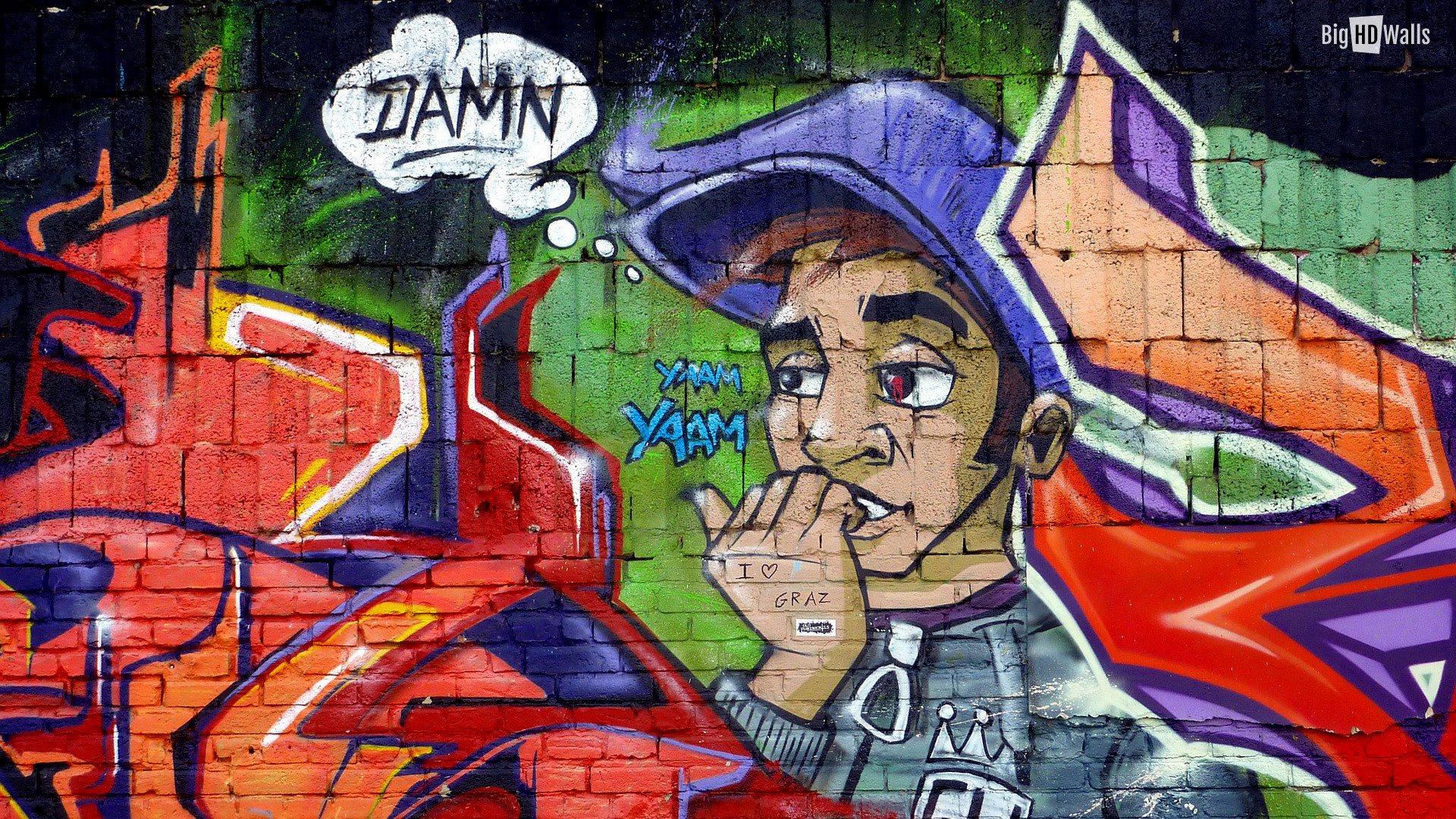 Graffiti, Ragazzo con berretto, Murale, Fumetto, Muro di mattoni, sfondo Full HD per portatile