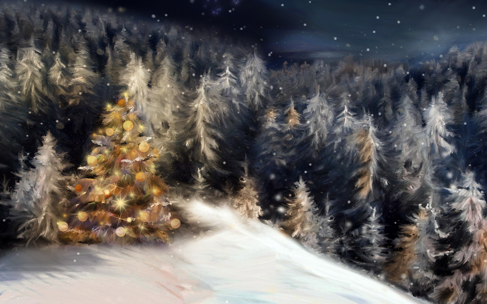 Bosco innevato, Albero di Natale, Luci, Notte, Full HD, sfondo desktop