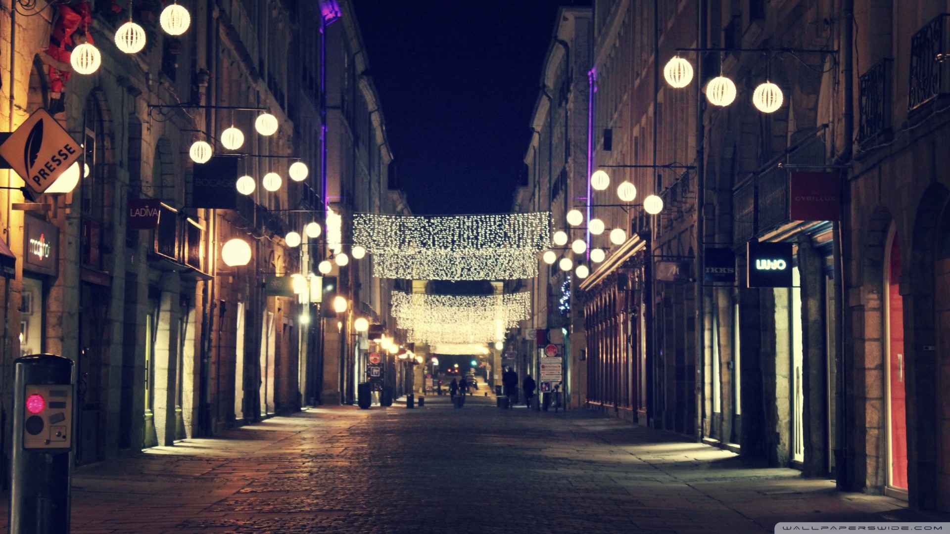 Strada pedonale, Luci natalizie, Notte, Lampioni, 16:9 Full HD, sfondo widescreen