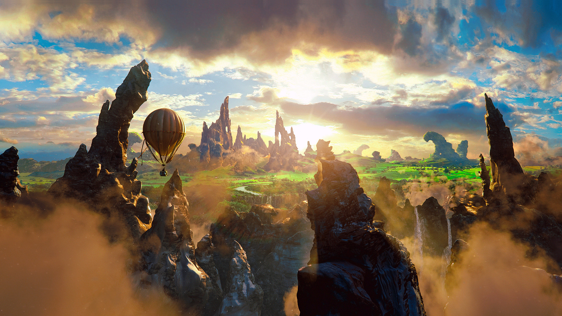 Il grande e potente Oz, Mongolfiera, Paesaggio fantasy, Guglie rocciose, sfondo desktop 1080p