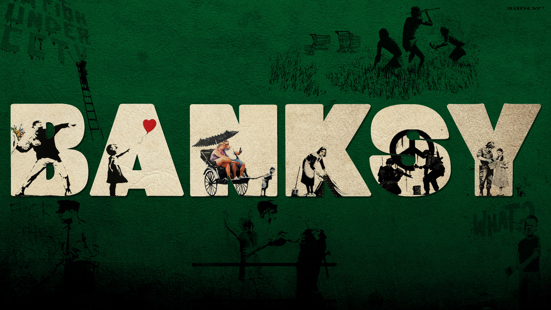 Banksy, Girl with Balloon, Stencil, Street art, Verde, Full HD, sfondo per portatile