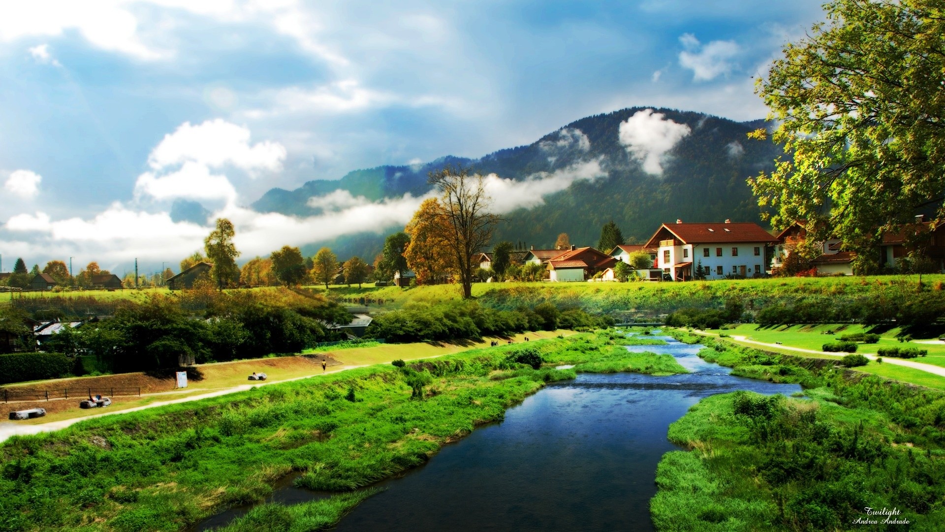 Campagna, Fiume, Case, Montagne, Full HD, sfondo per PC