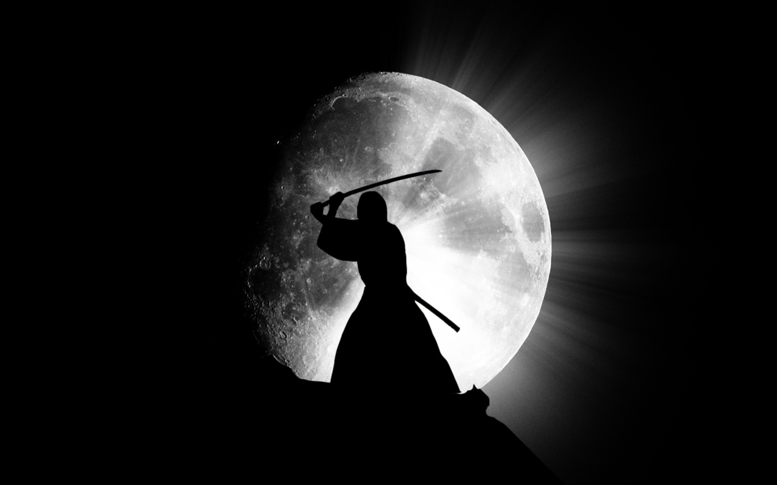 Samurai, Luna piena, Silhouette, Katana, 2K, sfondo desktop
