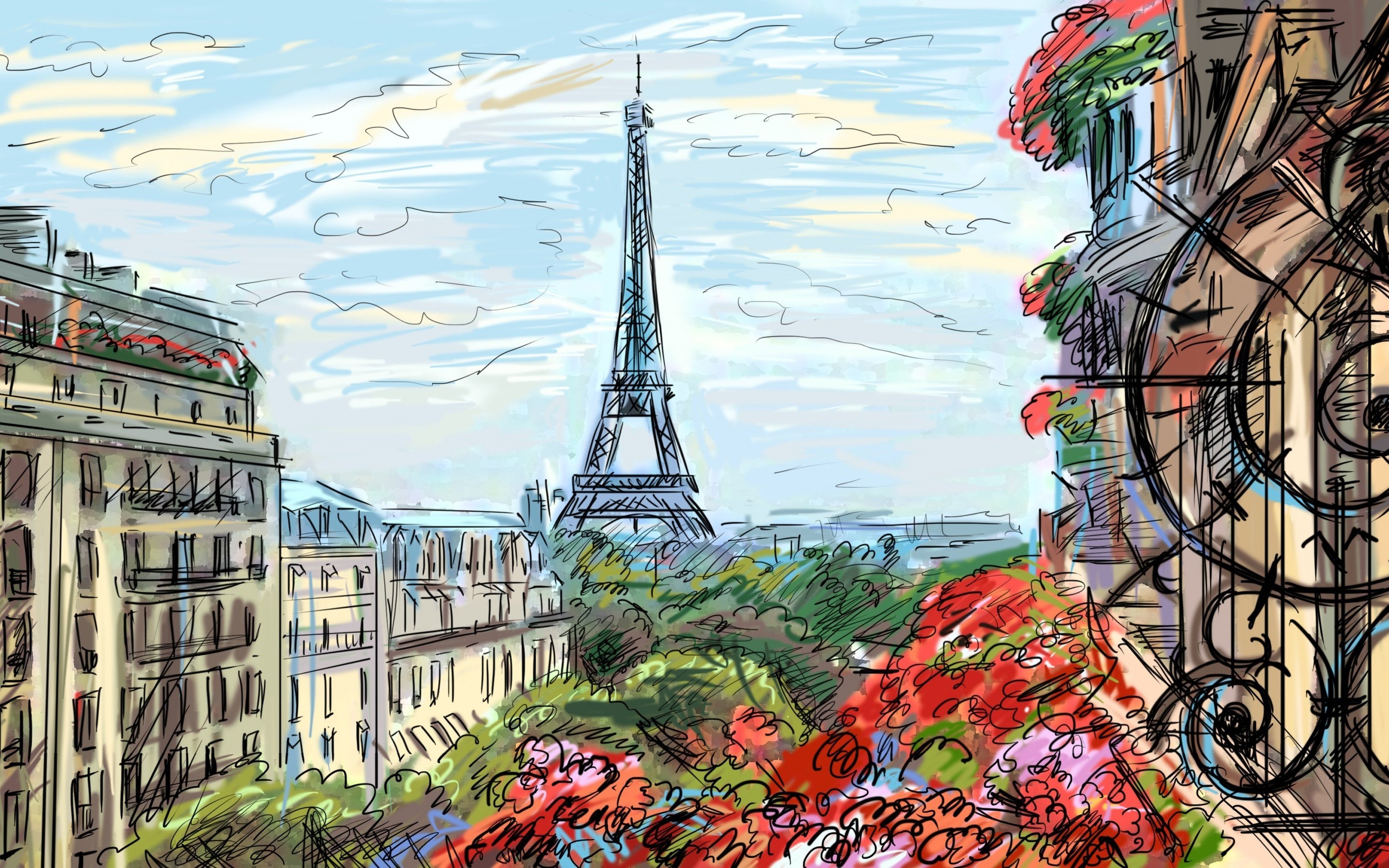Torre Eiffel, Parigi, Balcone fiorito, Disegno, Illustrazione, 2K, sfondo desktop