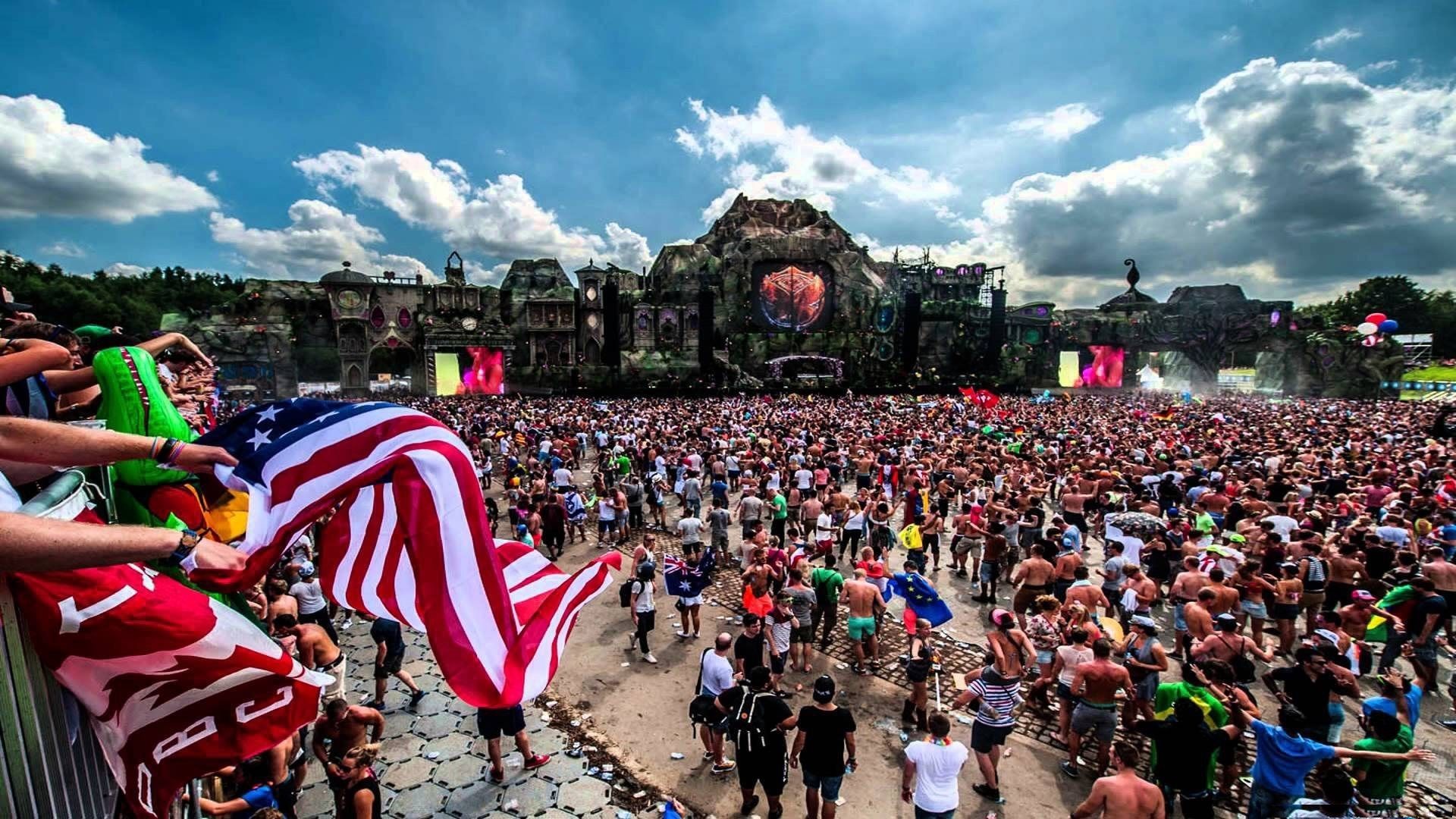 Tomorrowland, Bandiera americana, Folla, Main stage, Full HD, wallpaper per computer