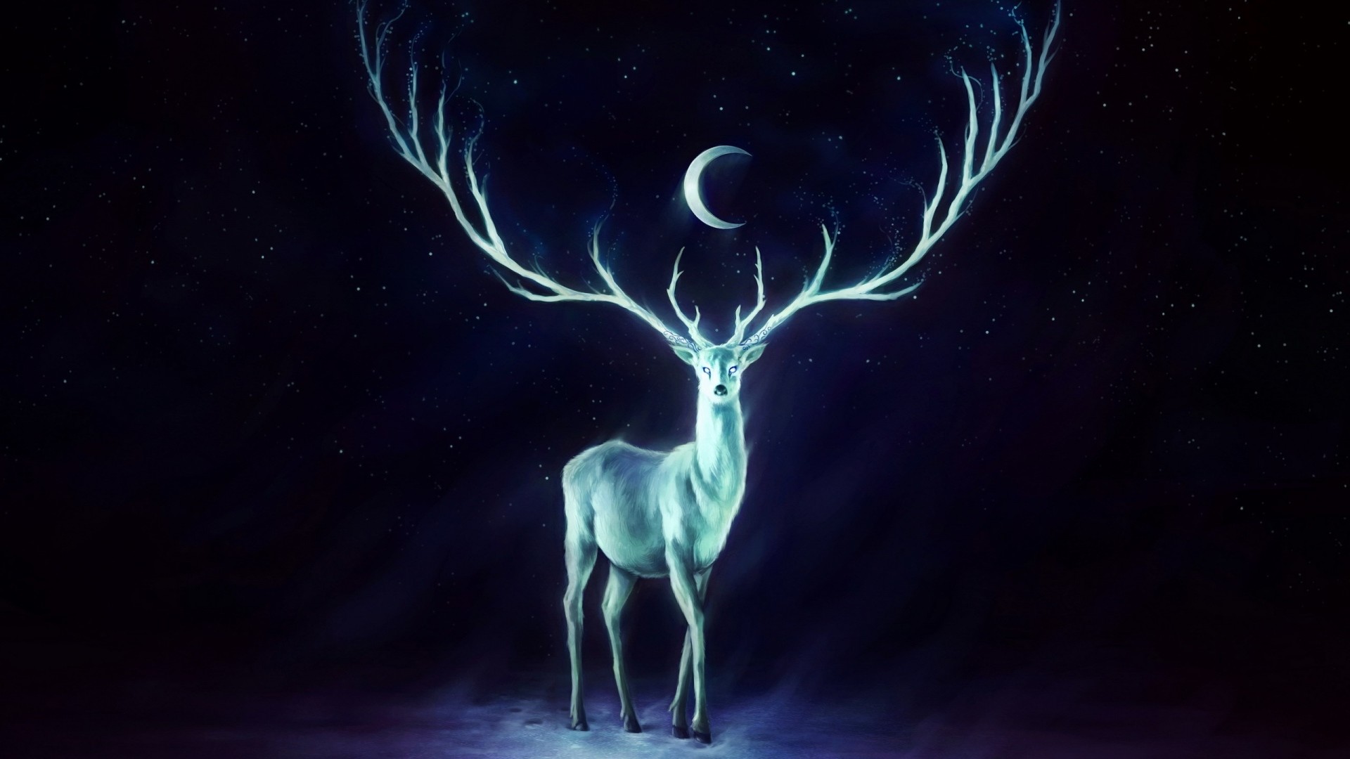 Cervo, Spirito luminoso, Luna crescente, Fantasy, Notte, 1920x1080, immagine di sfondo
