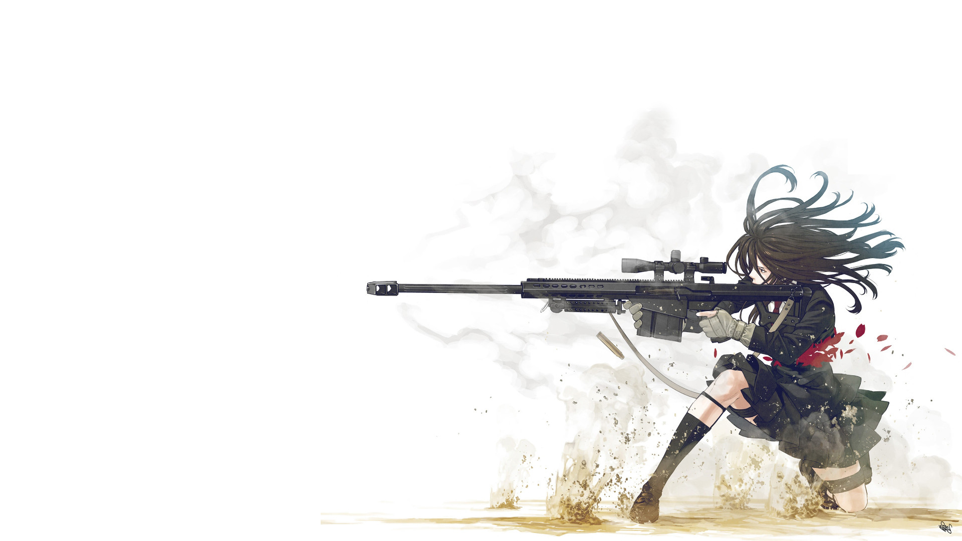 Ragazza anime, Fucile da cecchino, Uniforme scolastica, Sfondo bianco, Fumo, wallpaper Full HD