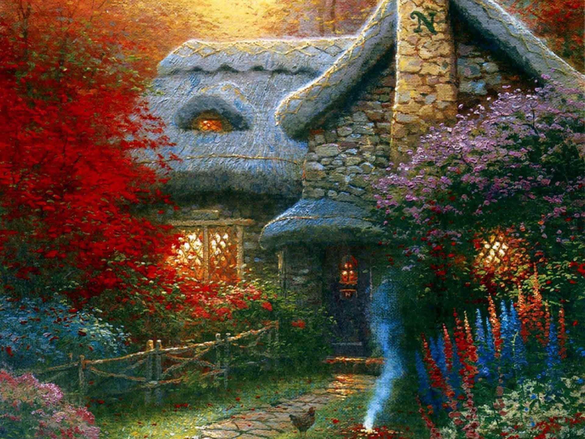 Thomas Kinkade, Cottage, Giardino fiorito, Pittura, Full HD, wallpaper per tablet
