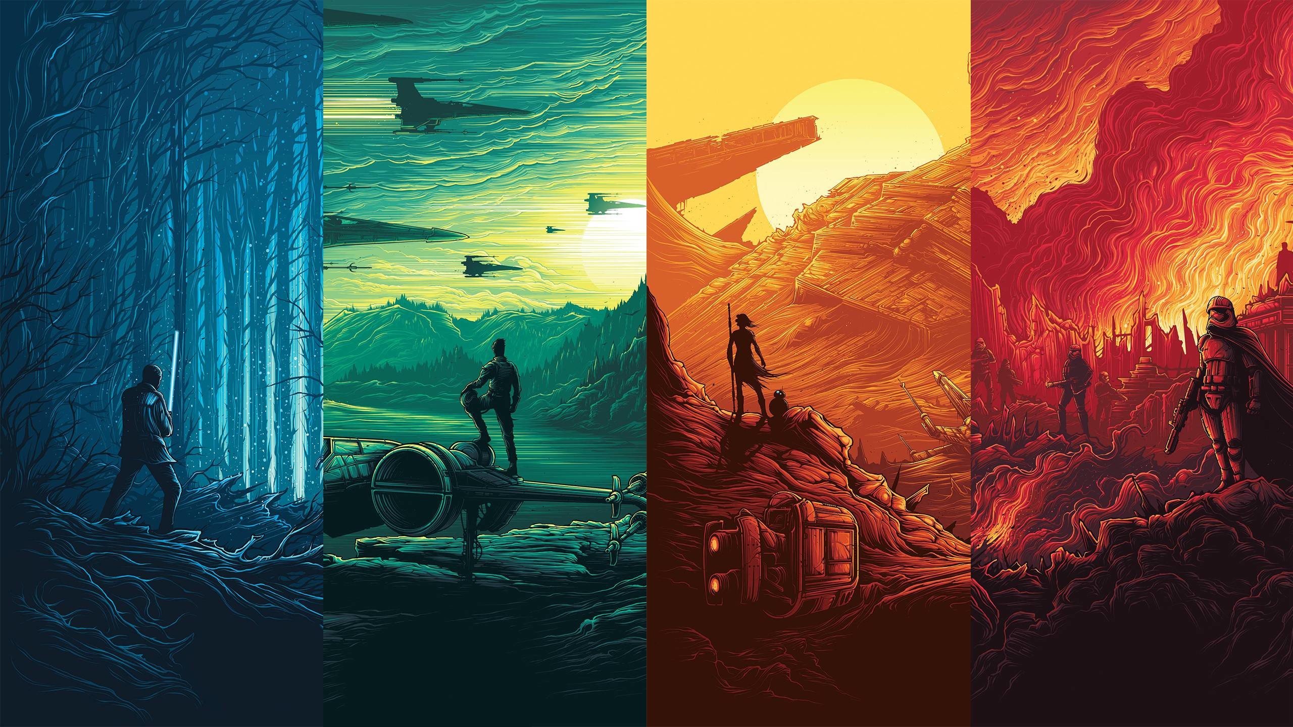 Rey, Finn, Kylo Ren, Star Wars: Il risveglio della Forza, Illustrazione, sfondo Windows 11
