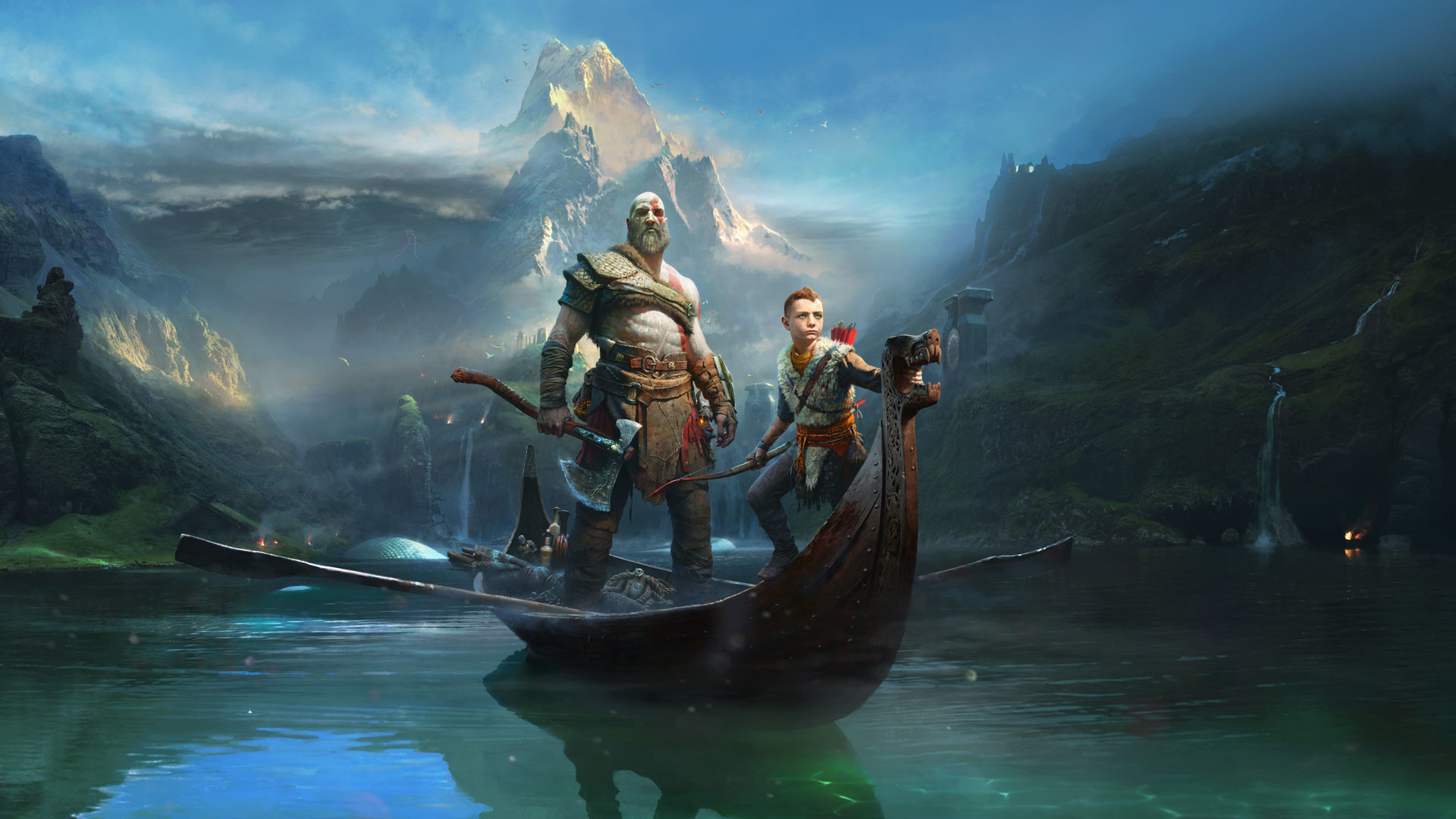 Kratos, Atreus, God of War (2018), Barca, Lago, Montagne, Full HD, wallpaper desktop