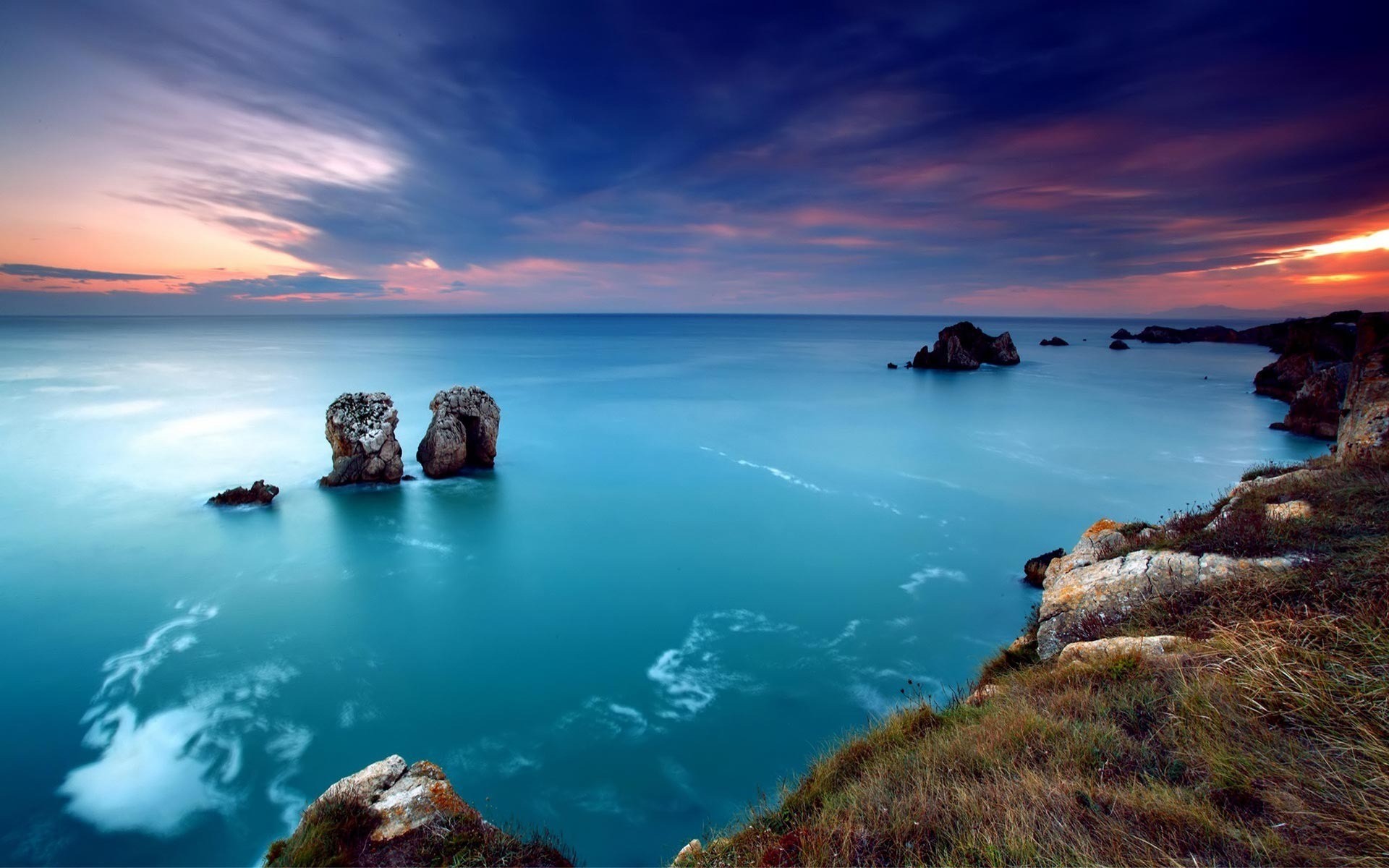 Mare, Faraglioni, Scogliera, Tramonto, Lunga esposizione, 16:10 Full HD, sfondo widescreen
