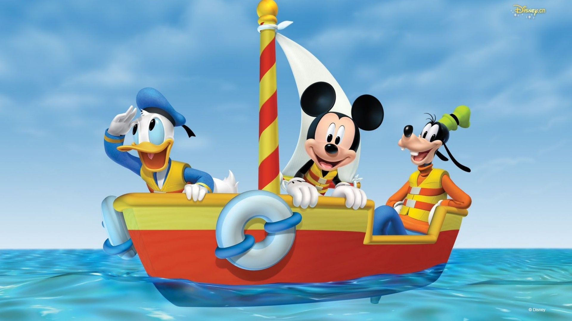 Topolino, Paperino, Pippo, Barca a vela, Mare, 1920x1080, sfondo per PC