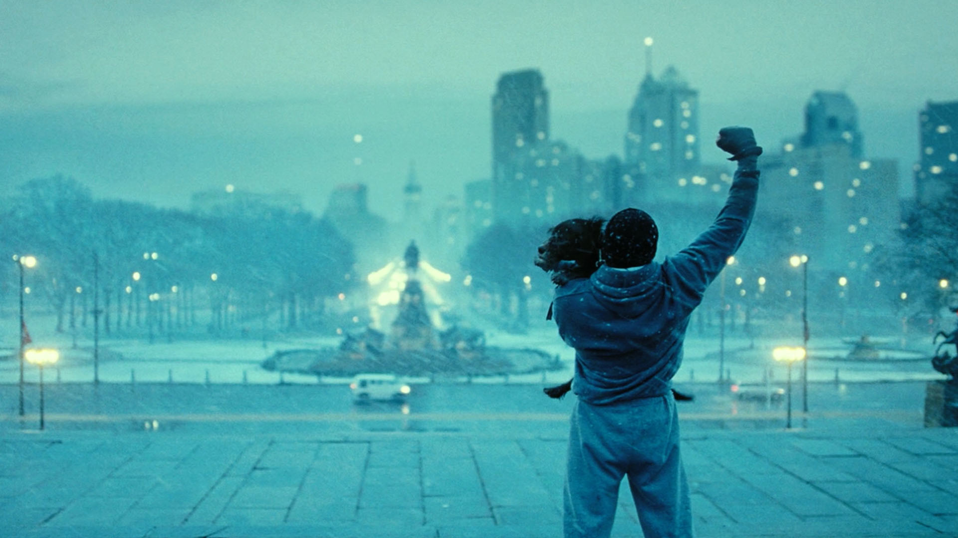 Rocky Balboa, Filadelfia, Pugno alzato, Notte, Azzurro, Full HD, sfondo Windows 11
