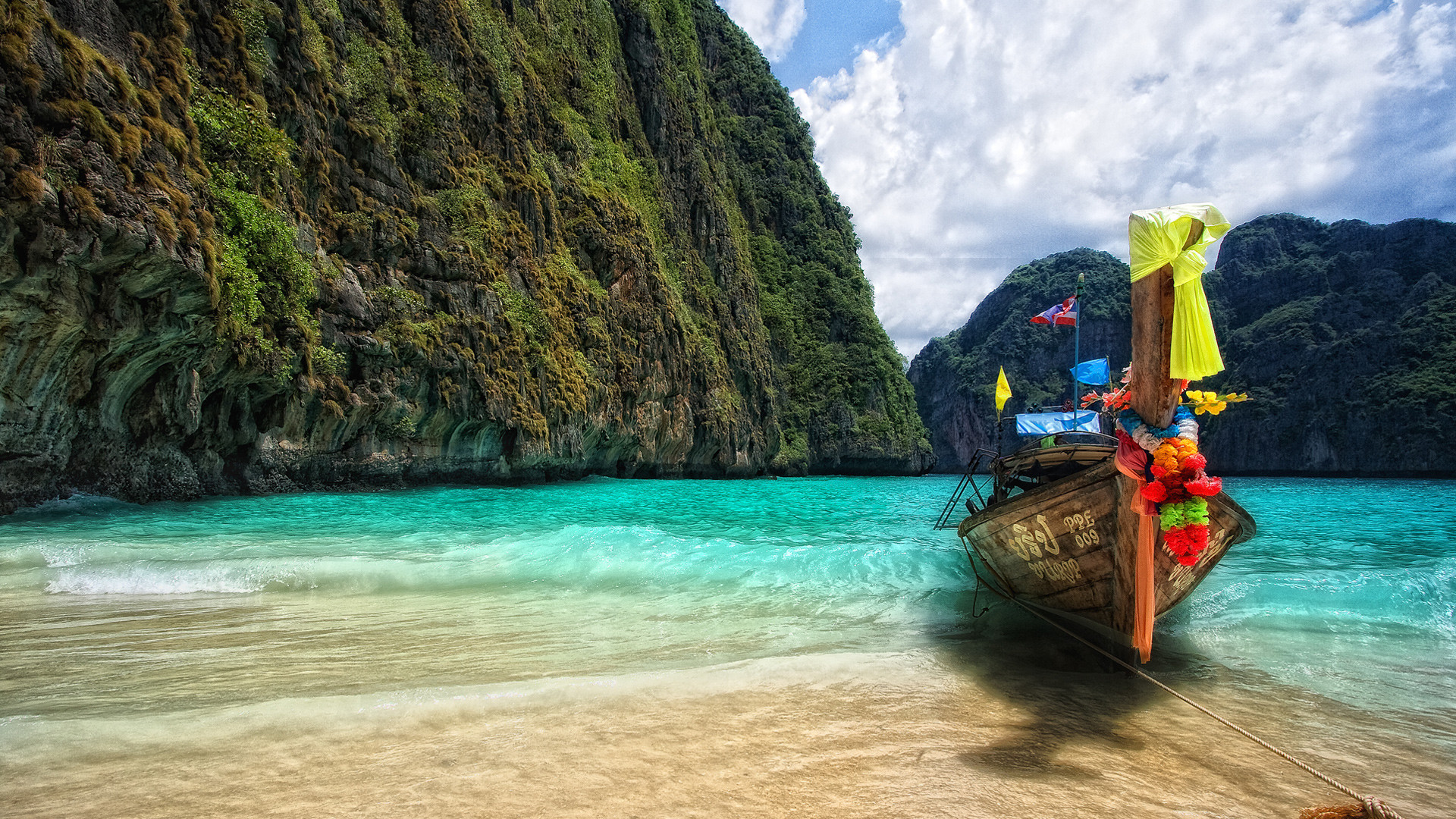 Maya Bay, Phi Phi, Thailandia, Barca a coda lunga, Scogliere, 1920x1080, immagine di sfondo