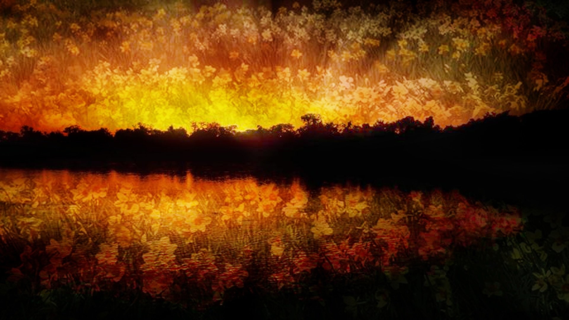 Tramonto, Lago, Alberi, Texture grunge, Arancione, Full HD, sfondo Windows 11