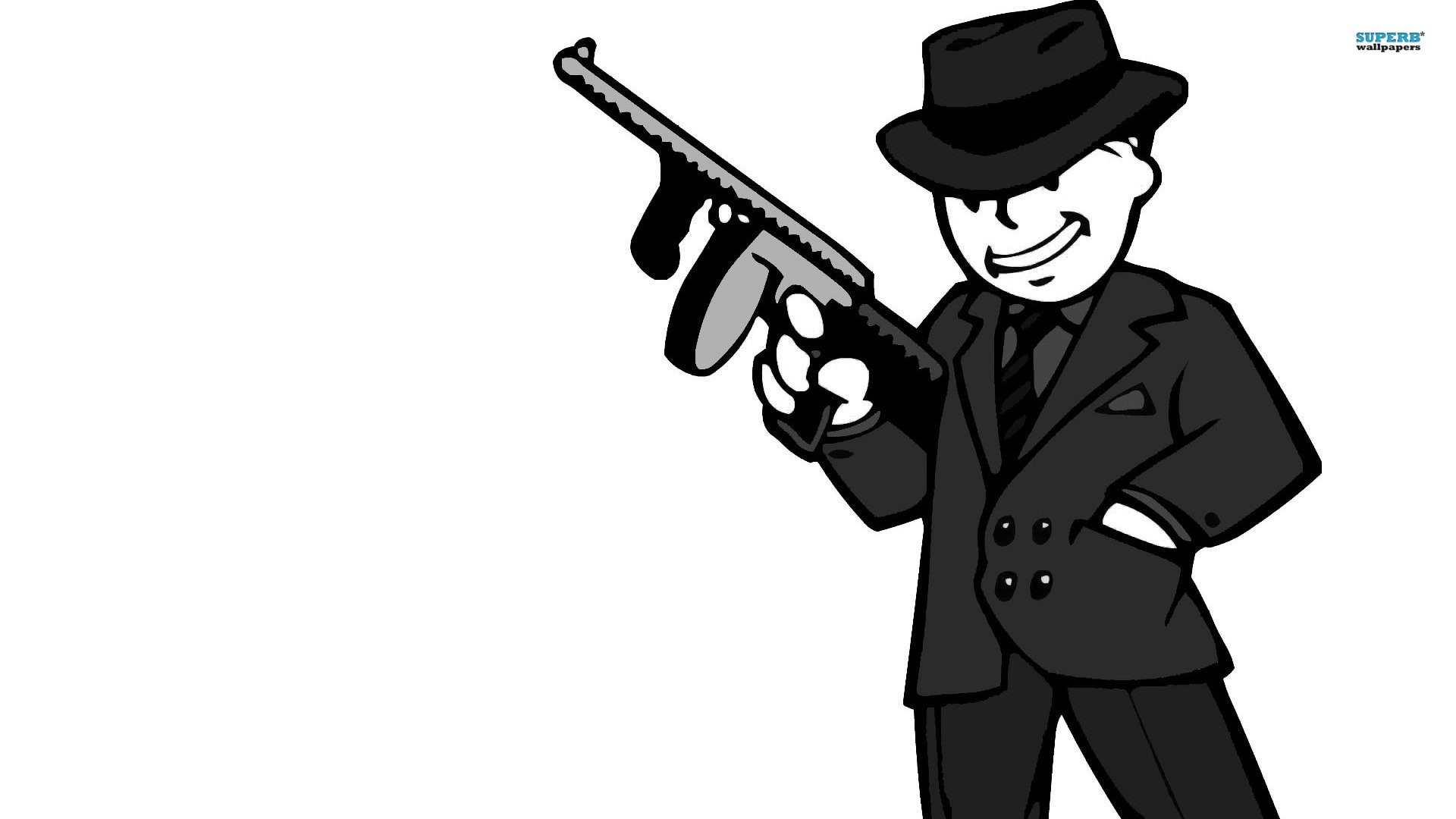 Vault Boy, Fallout, Gangster, Mitra Thompson, Bianco e nero, 1920x1080, immagine di sfondo