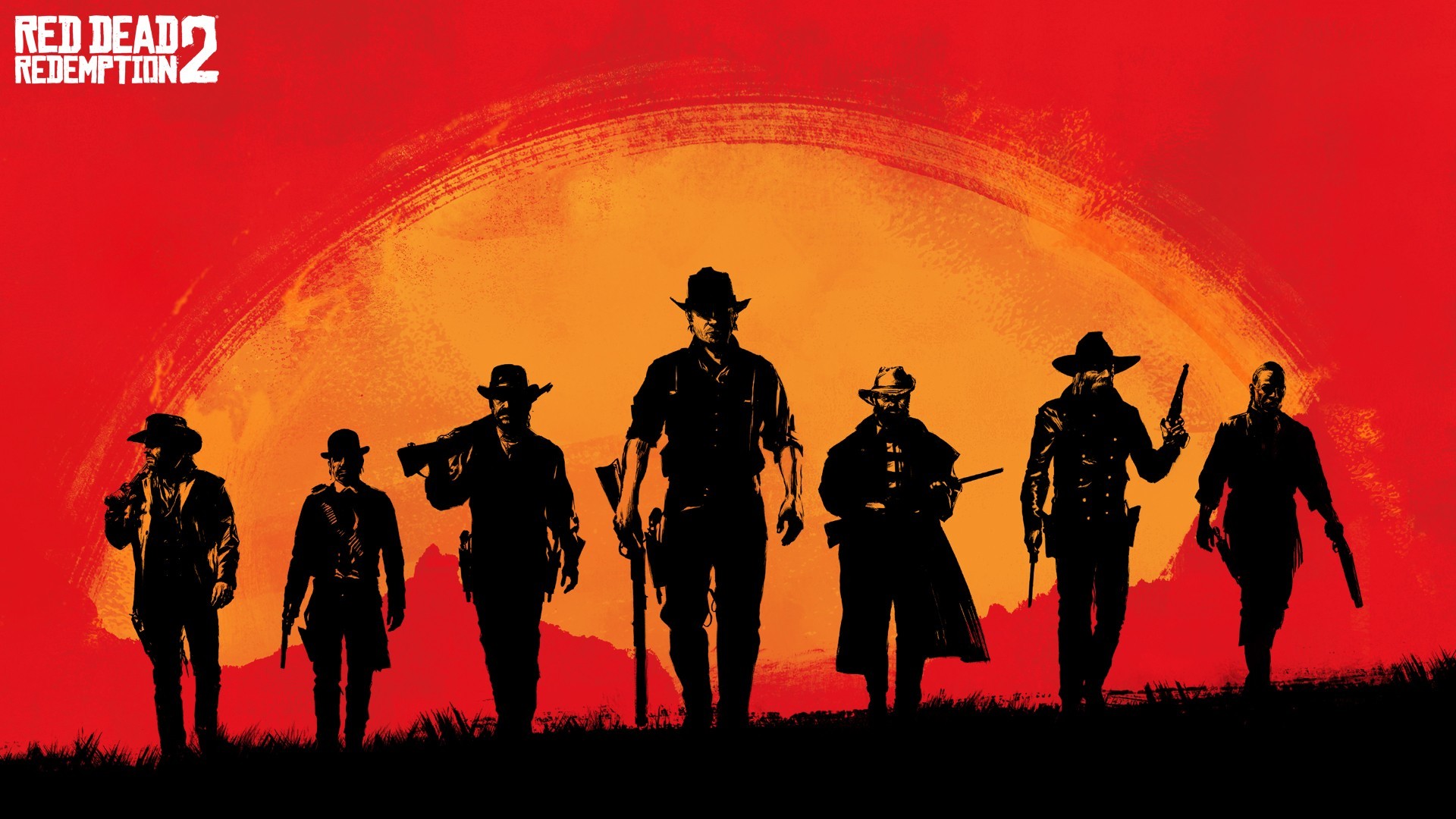 Red Dead Redemption 2, Arthur Morgan, Banda Van der Linde, Tramonto, Silhouette, sfondo 1080p