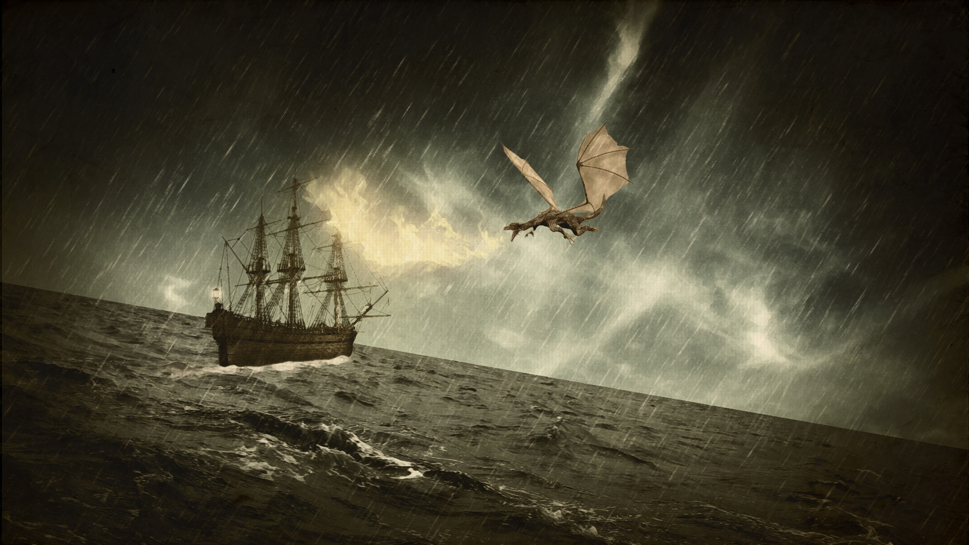 Drago, Veliero, Tempesta, Mare, Pioggia, Full HD, sfondo Windows 11