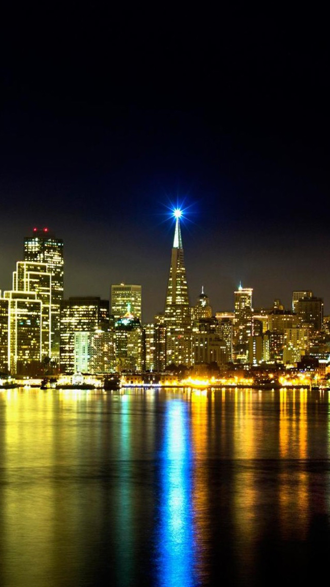 San Francisco, Notte, Skyline, Riflesso, Full HD, sfondo per iPhone e Android