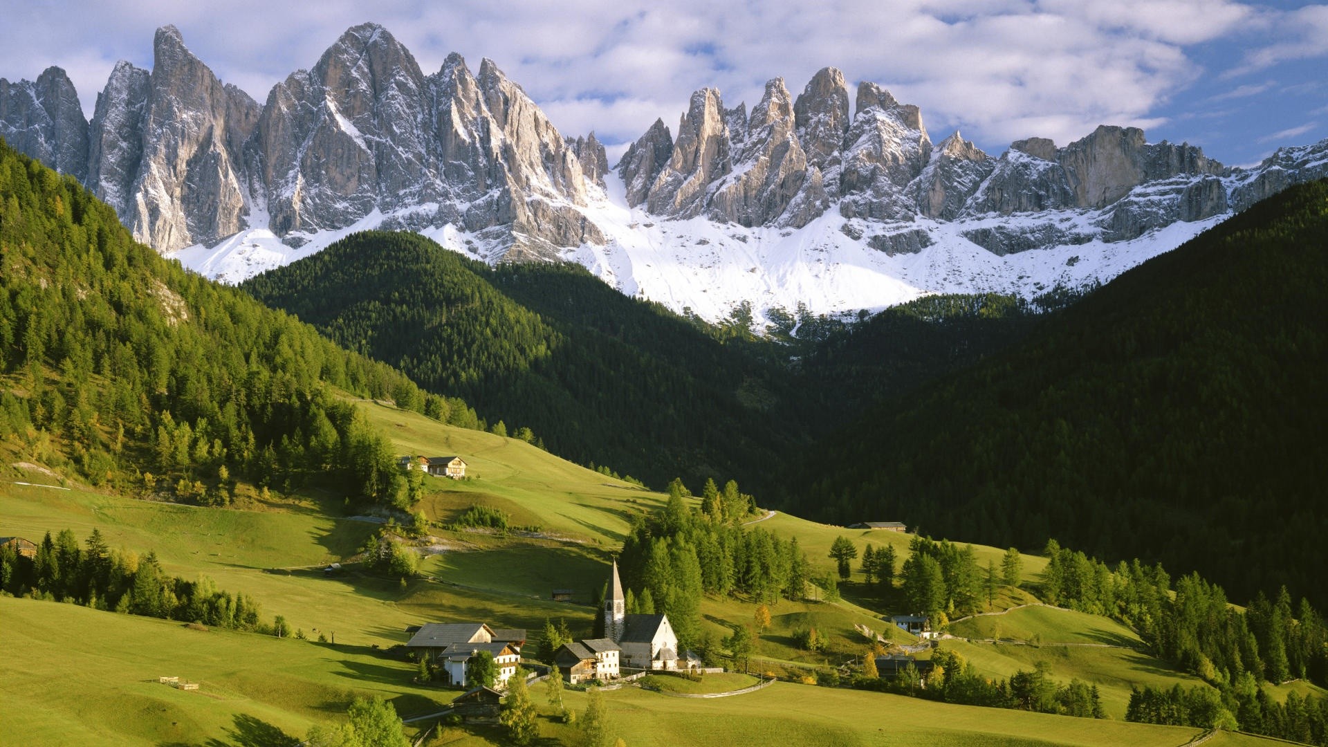 Odle, Val di Funes, Dolomiti, Italia, Valle, Full HD, sfondo per portatile