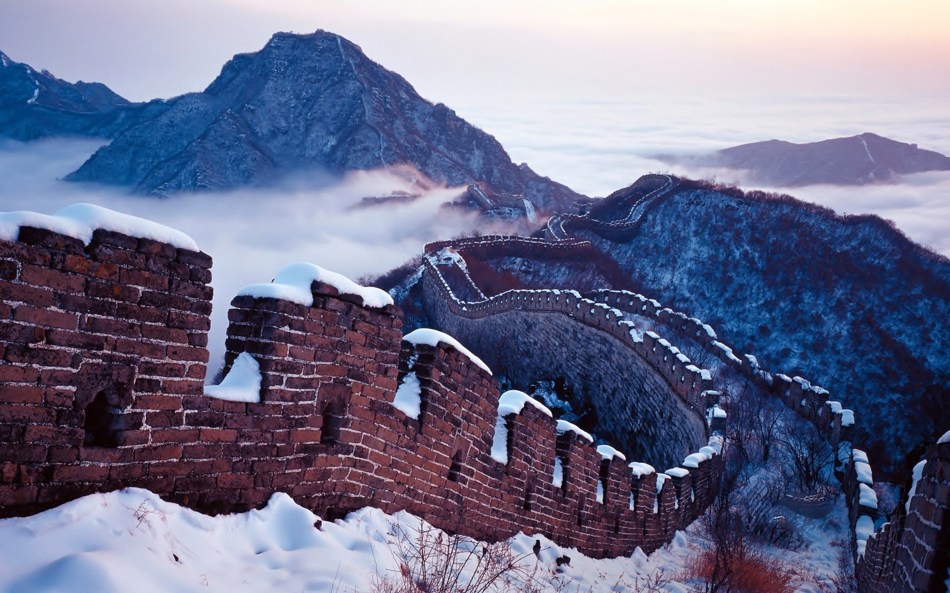 Grande Muraglia cinese, Cina, Neve, Montagne, Inverno, Full HD, sfondo Windows 11